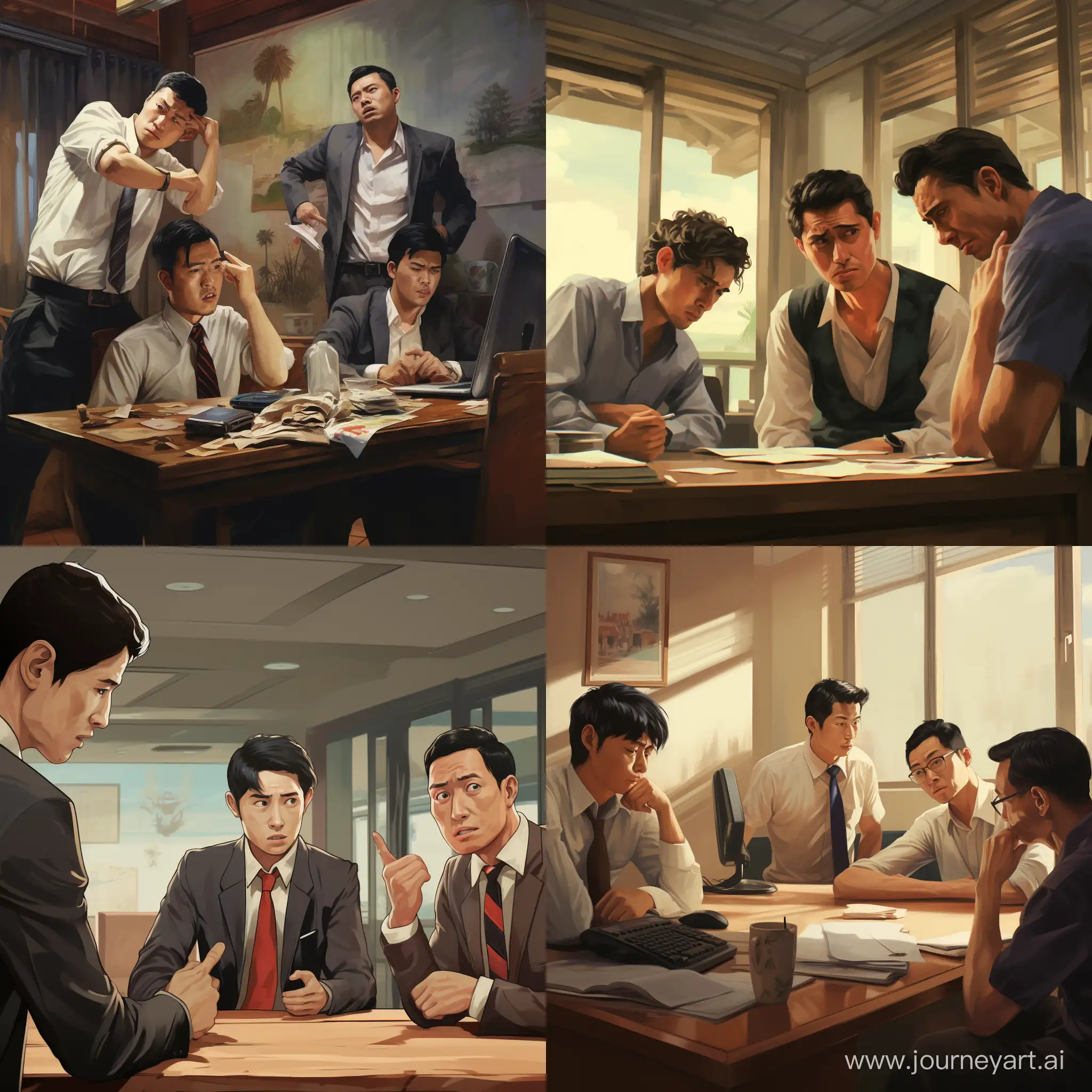 4个中国小伙子在会议室努力干活，其中一个被另外一个痛叼一顿