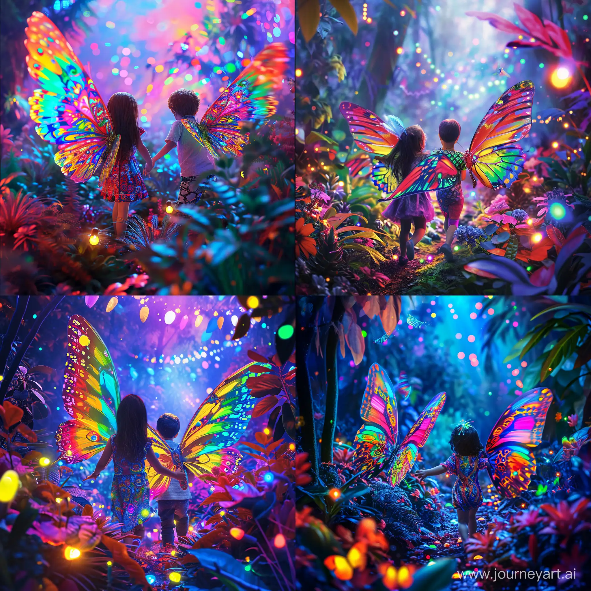 Девочка и мальчик с яркими узорчатыми радужными крыльями как у бабочек, порхают по сказочному лесу среди разноцветных огоньков и цветущих растений разнообразной окраски, фотография, гиперреализм, высокое разрешение