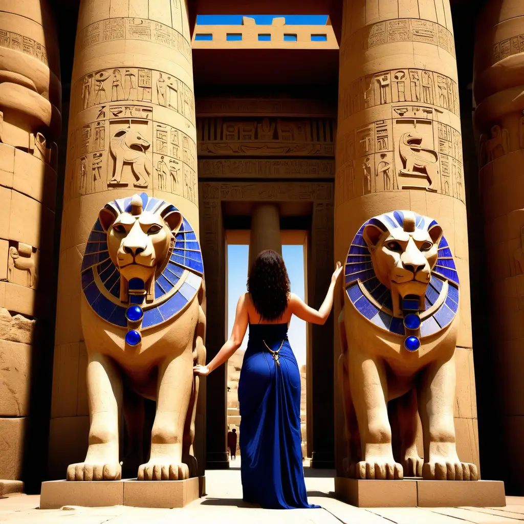 Create a romantic image at the gates of a temple at Karnak in Egypt with 2 large lions placed on each side of the pillars, and inside the gate of the temple Jesus is standing there holding a massive sapphire in his hands 