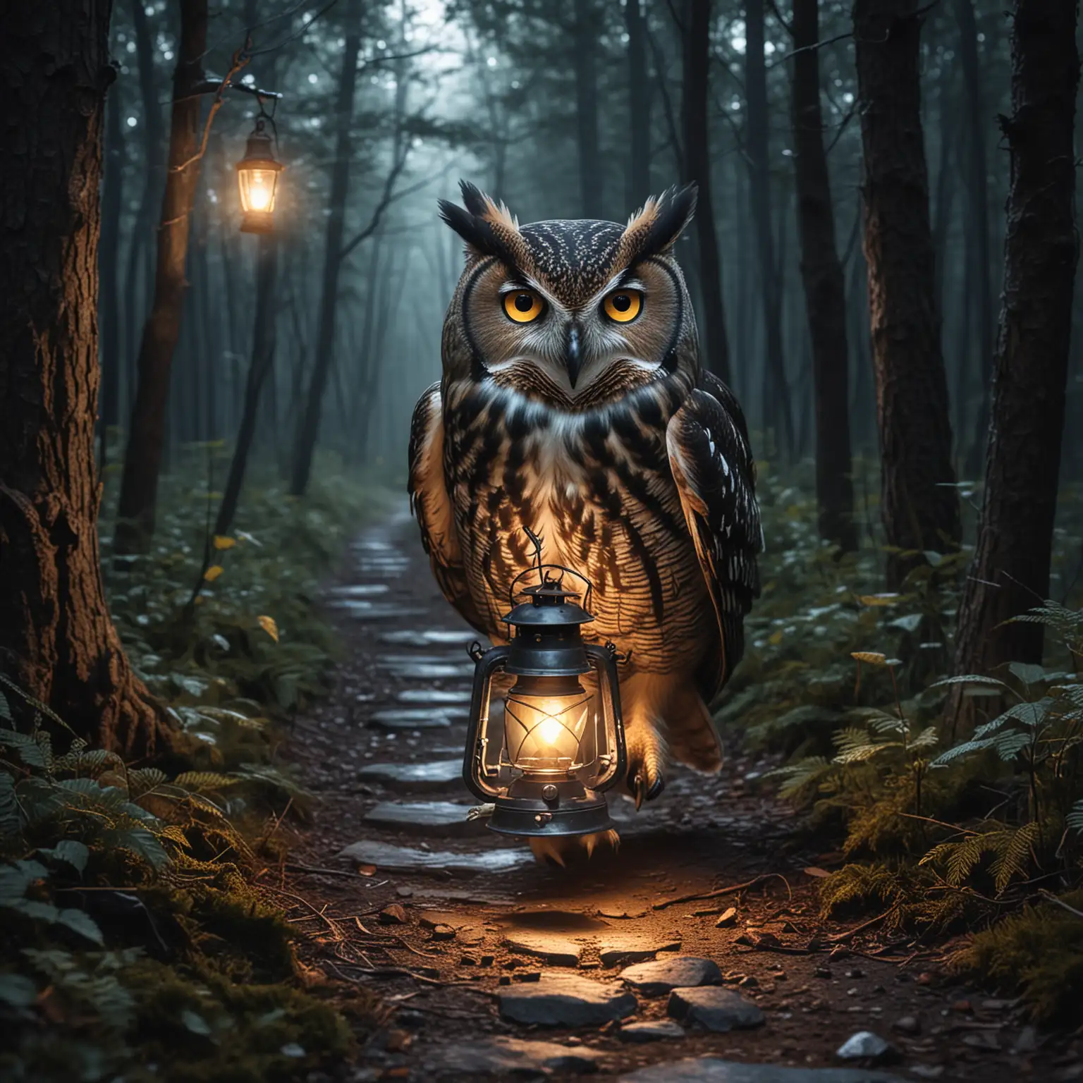 An owl with a lantern, lighting up a dark forest path.