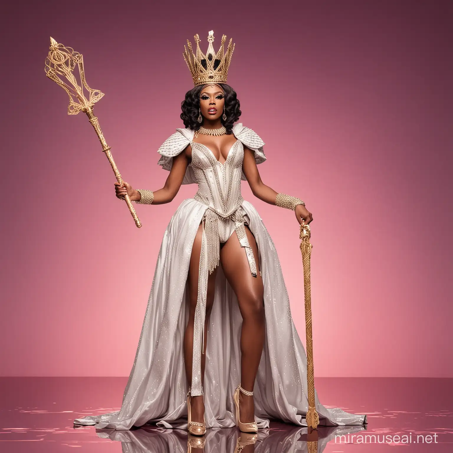 a full body image of a skinny nigerian drag queen walking on the Rupaul's Drag race runway wearing an outfit inspired by the prompt: queen of the world, she is holding a scepter and is wearing a crown