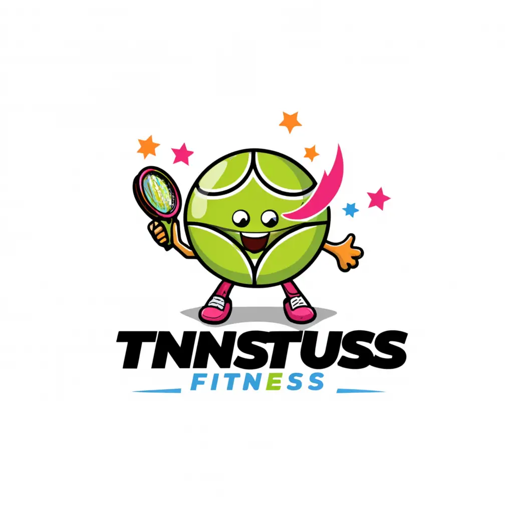 a logo design,with the text "Tennis", main symbol:Tennis ball with a cute face and tennis racket, vibrant colors for kids,complex,be used in Sports Fitness industry,clear background
