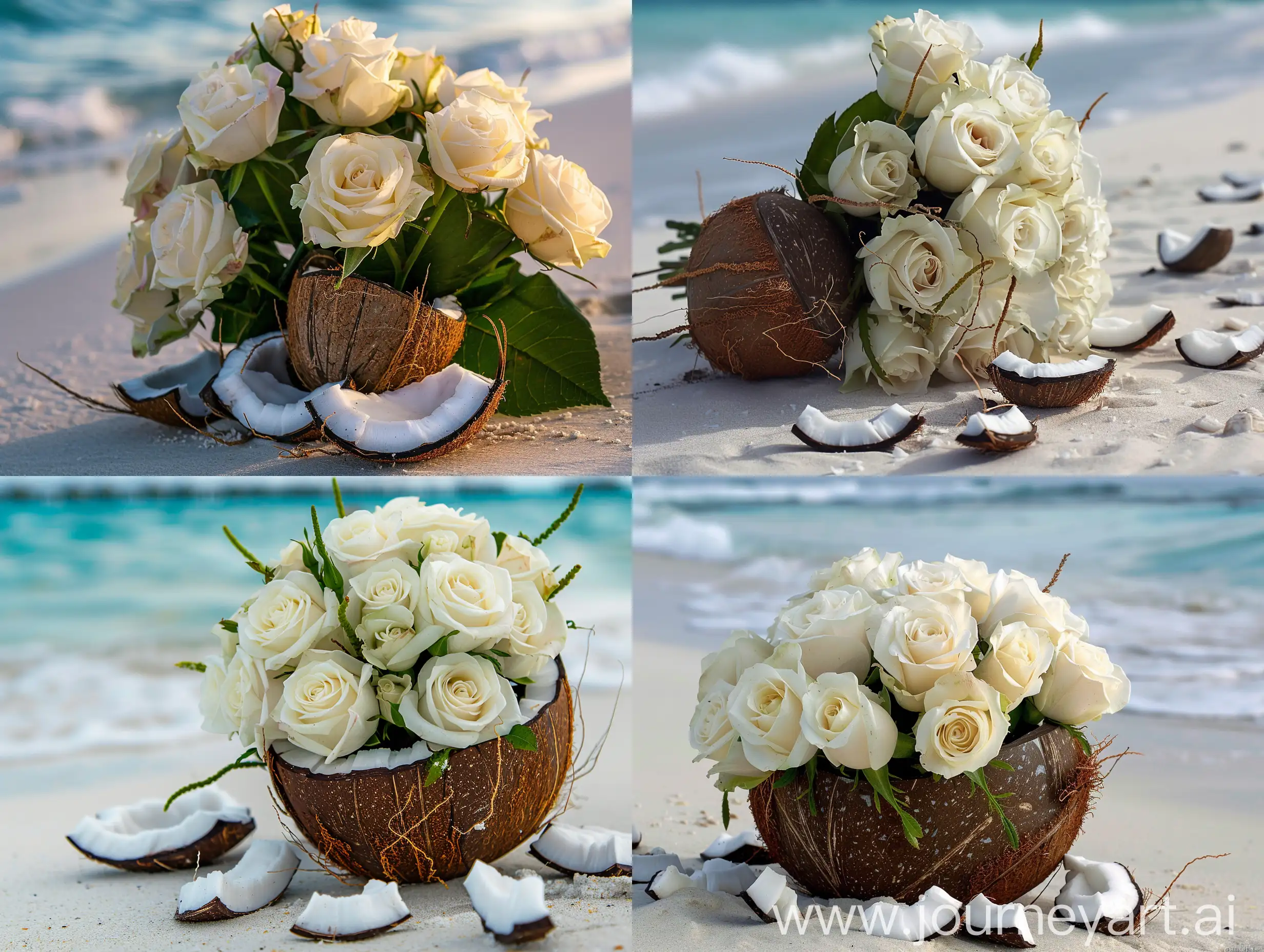 White-Rose-Bouquet-in-a-Broken-Coconut-on-the-Sandy-Shore-of-the-Maldives