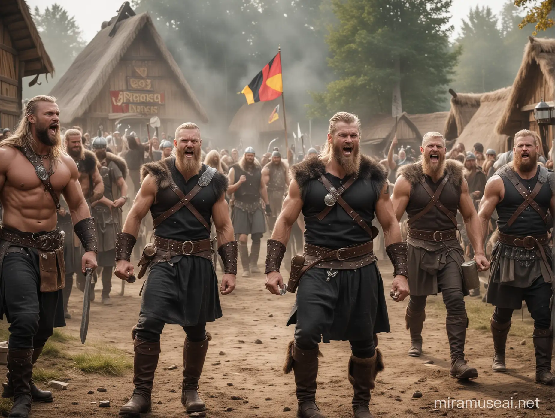 Muscular Vikings Roaring and Swinging Axes with German Flags in a Viking Village