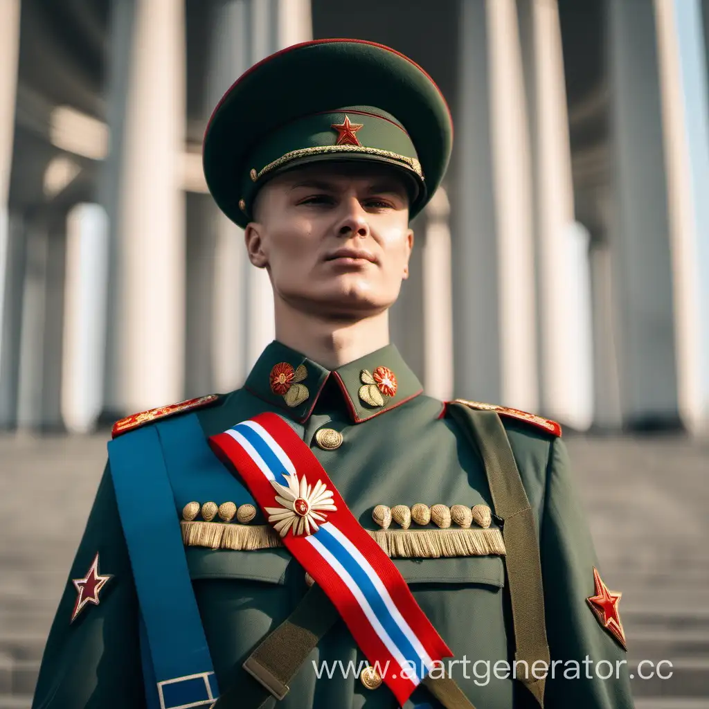 русский военный солдат с георгиевской ленточкой на плече, памятник родина мать
