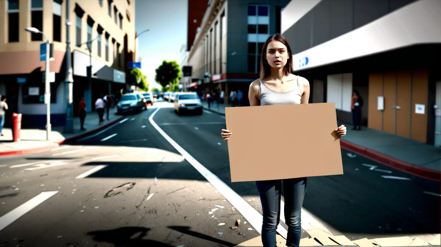 UHD image visualize a  25 year old female. she is standing on a busy corner.   She holds a blank cardboard sign. 