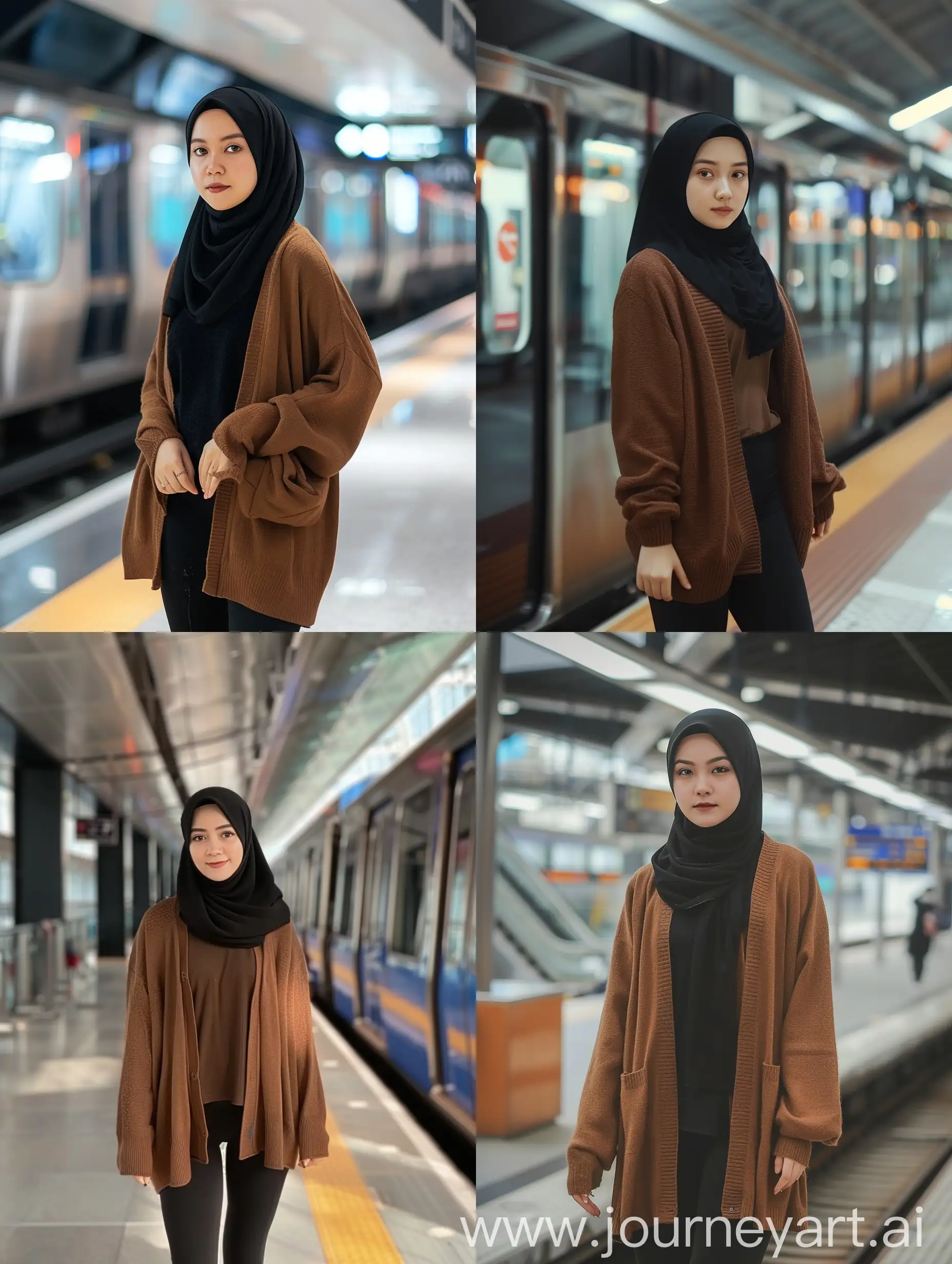 An indonesian woman wearing black hijab, wearing brown cardigan, and wearing black legging pants. Standing in a train station