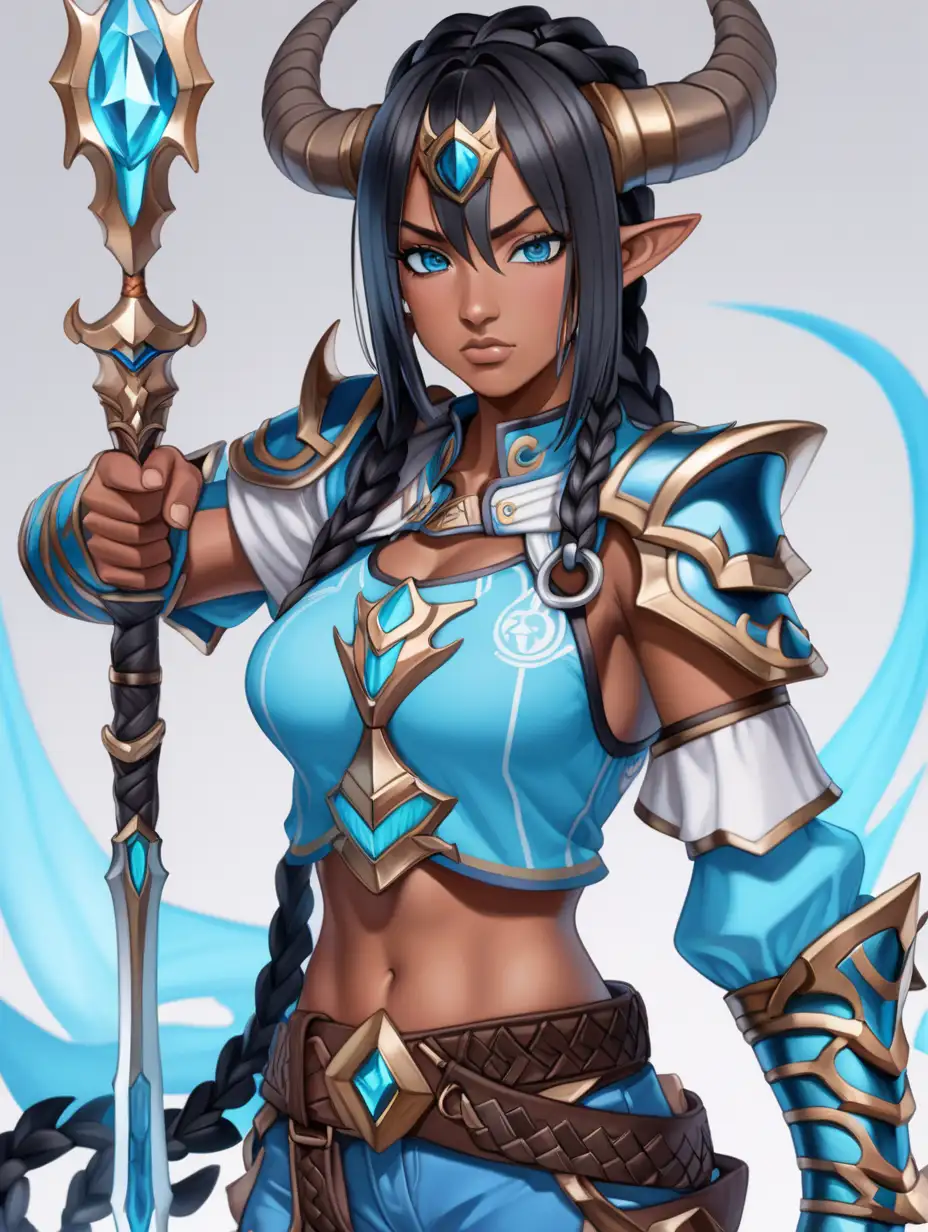female warrior, horns, woman, young adult, half dragon woman, dungeons and dragons, Yuto Sano anime style, african, ice blue eyes, braided black hair, royalty, warrior outfit, no armor, shirt, pants, athletic build, regal