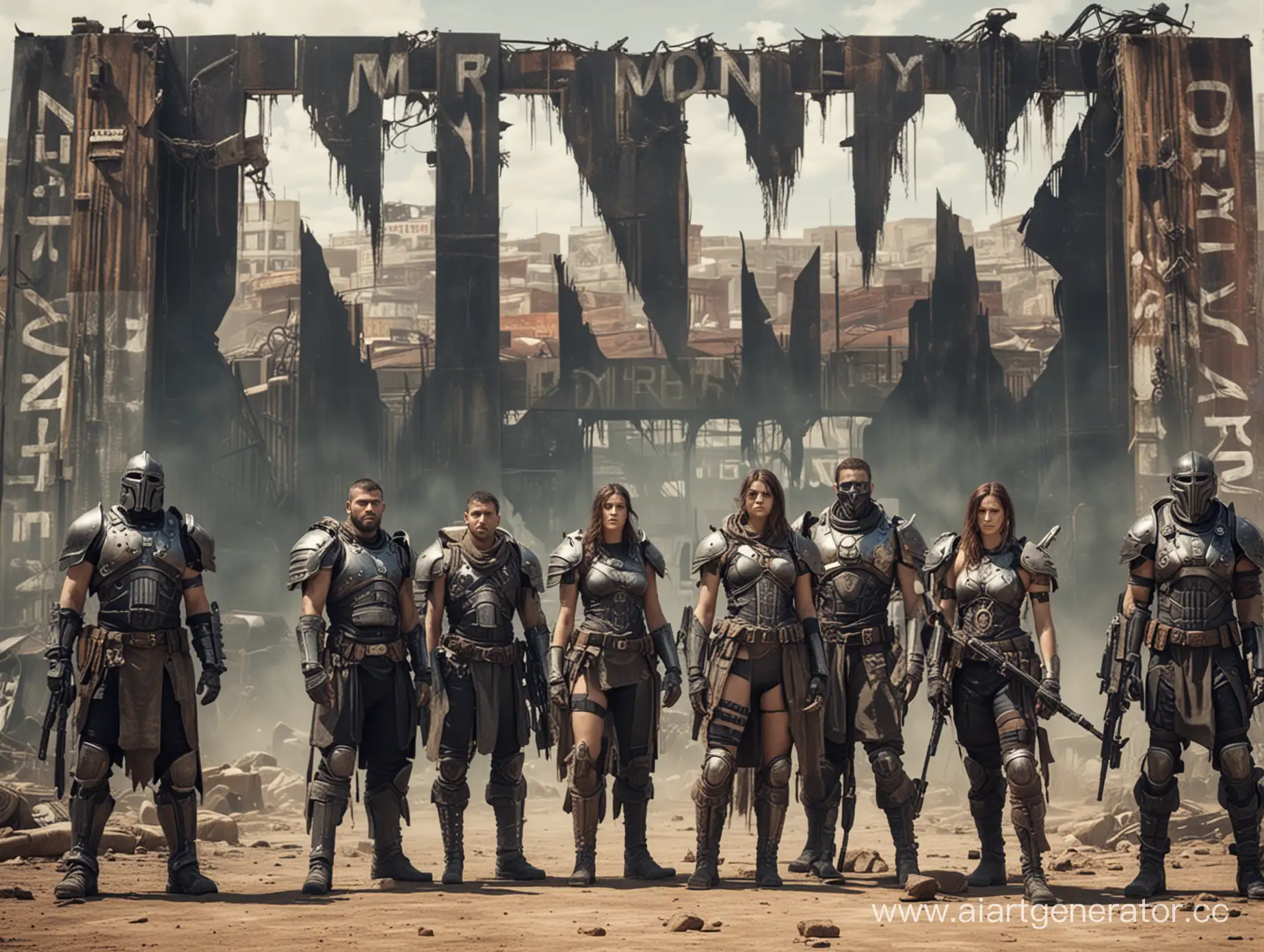 6 мужчин, 1 женщина, экипированы в пост апокалиптичную броню, стоят лицом ,  на фоне  огромная надпись "N O _ M E R C Y" 