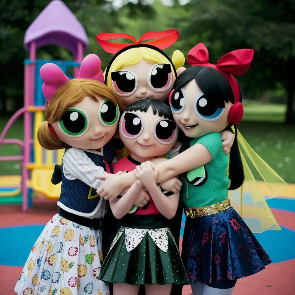 create image 8 powerpuff girls hug and pose: 1.Brown eyes, brown hair, red dress, Kazakh jewelry. 2.Brown eyes, long brown hair, light purple top, skirt. 3.	Brown eyes, curly brown hair, pale pink T-shirt, skirt. 4.Brown eyes, chubby, long black hair, blue suit, Chinese jewelry. 5.Brown eyes, bangs, long brown hair, purple pants, sweatshirt. 6.Brown eyes, black pigtails, white skirt, sweater, blue bow. 7.	Brown eyes, bangs, long light brown hair, lime suit.8.pale skin, green eyes, brown ponytail, black suit,