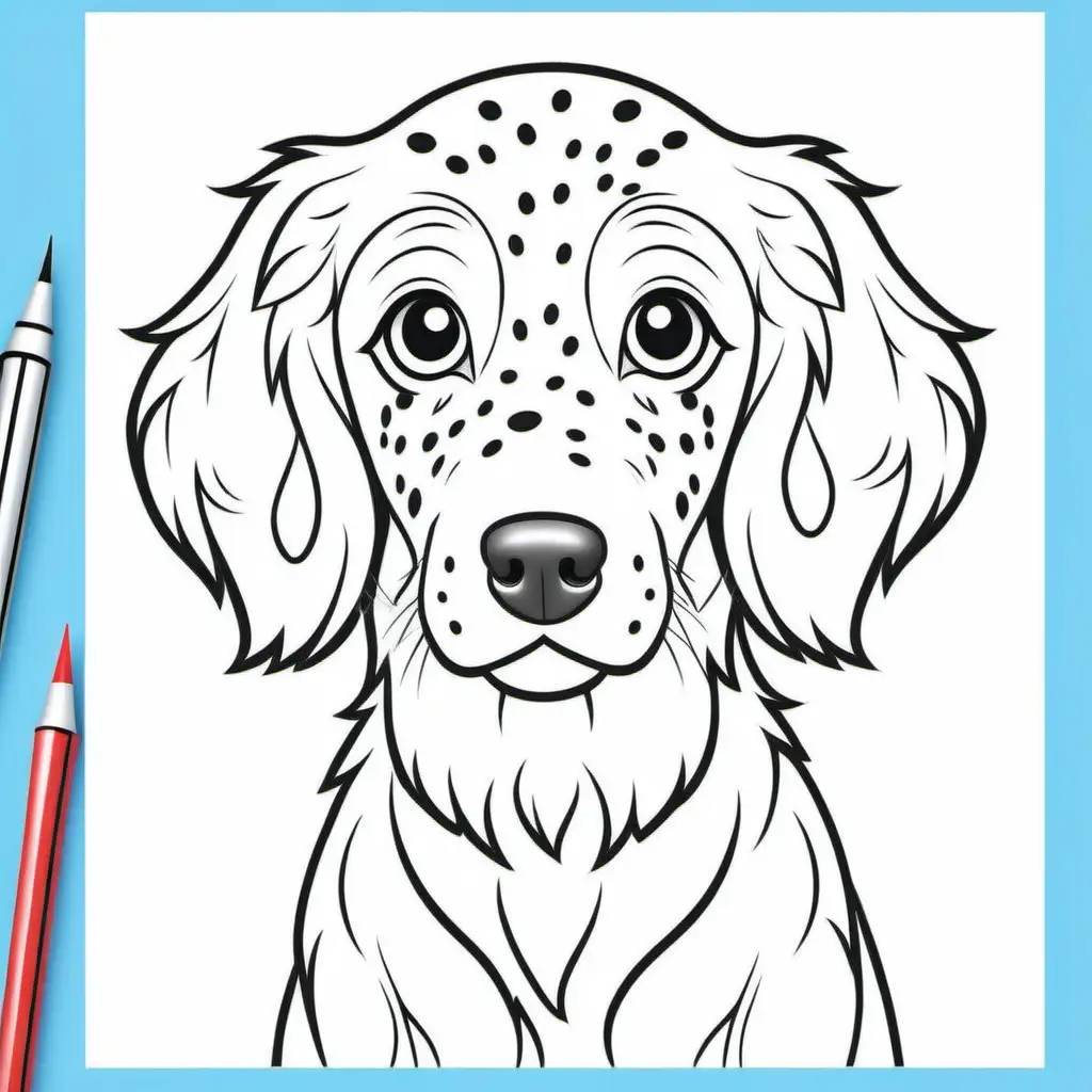 simple cute colouring page for kid ,
 small English Setter  ,
cartoon style , thick lines , low detail , no shading --r 911