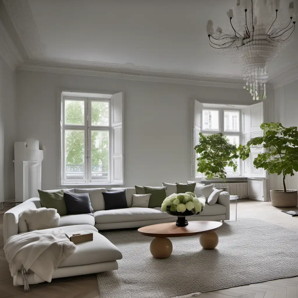 a large living room, huge turn-of-the-century apartment in Stockholm. All the walls, ceiling and joinery in the apartment are painted in white. The sofa comes from  bebitalia,  in the middle there is asolid mango wood table top and three round strong legs. crystal chandelier in the ceiling from the brand Murano. A white armchair from Gubi. A large window, with a vase of white and green hydrangeas. the floor is light wood, herringbone parquet