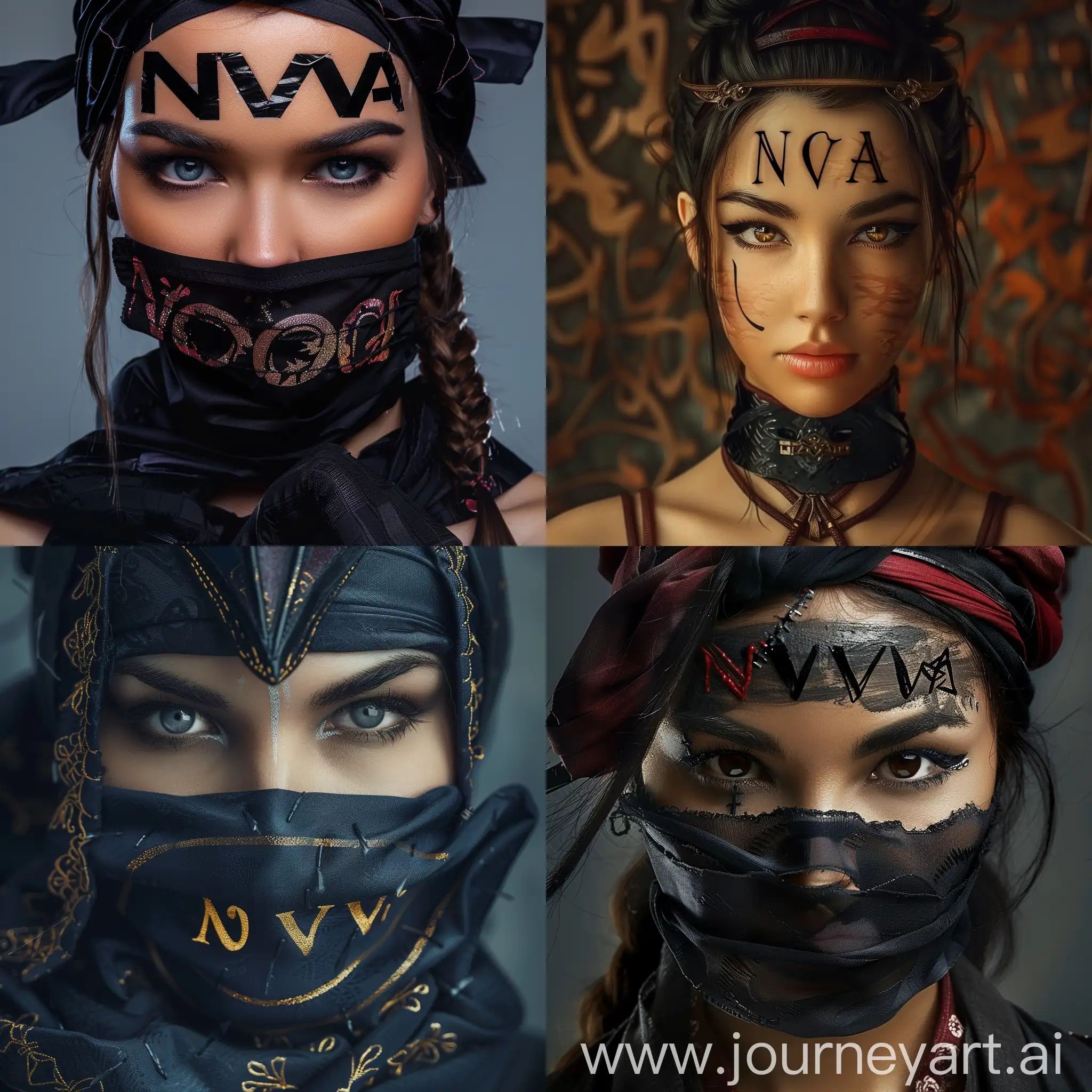 A beautiful ninja woman with the word N-O-V-A written on her