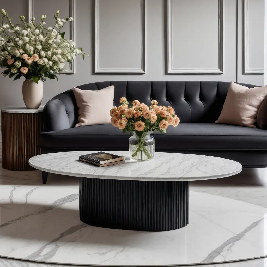 A product photography picture of an oval black coffee table with rounded dowels fluted base with a marble pattern table top in the  centre of a contemporary living room with a vase of flowers on top of it.