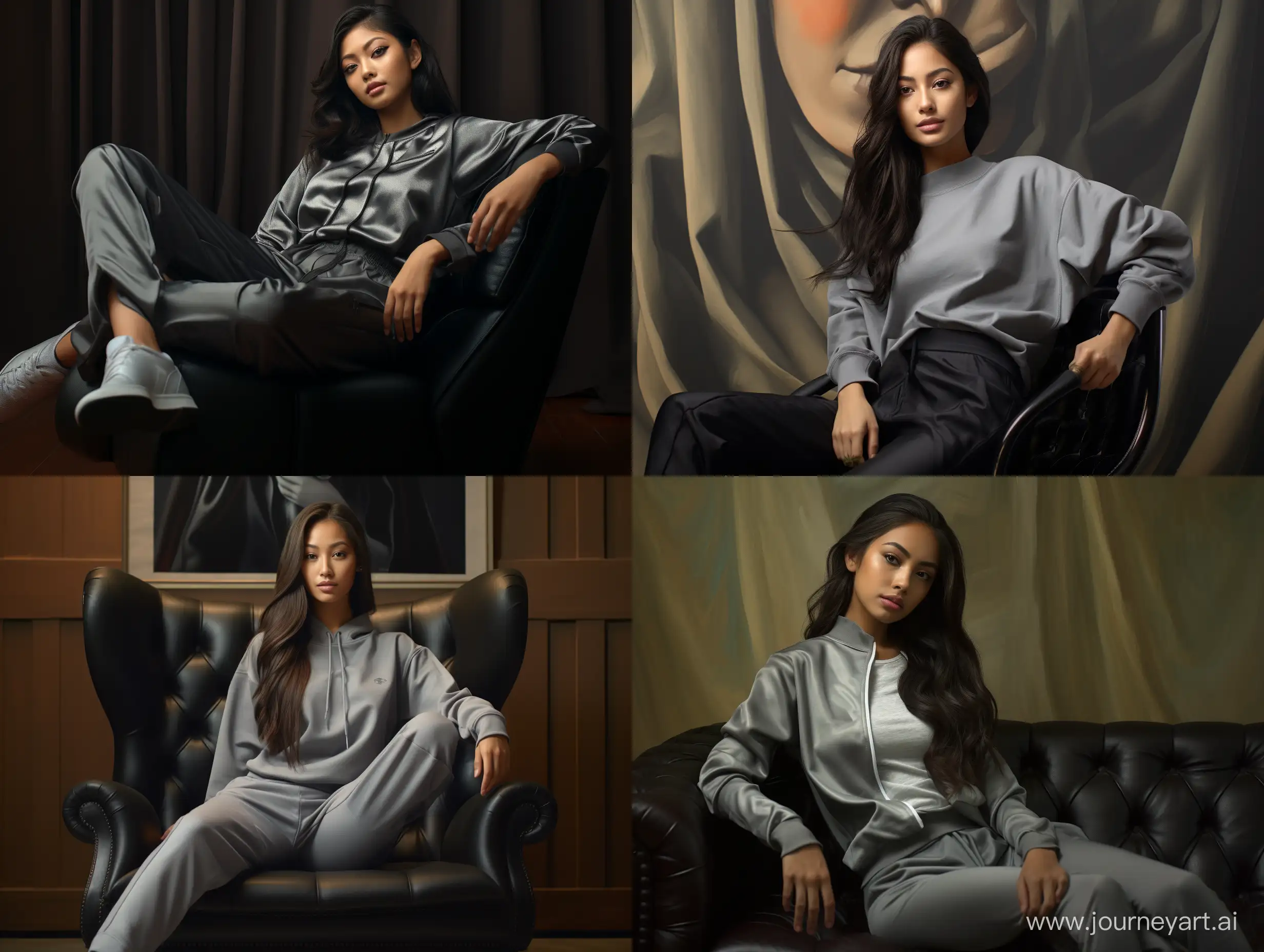 Realistic photo of a young Filipina woman wearing gray sweat pants and a black seat suit