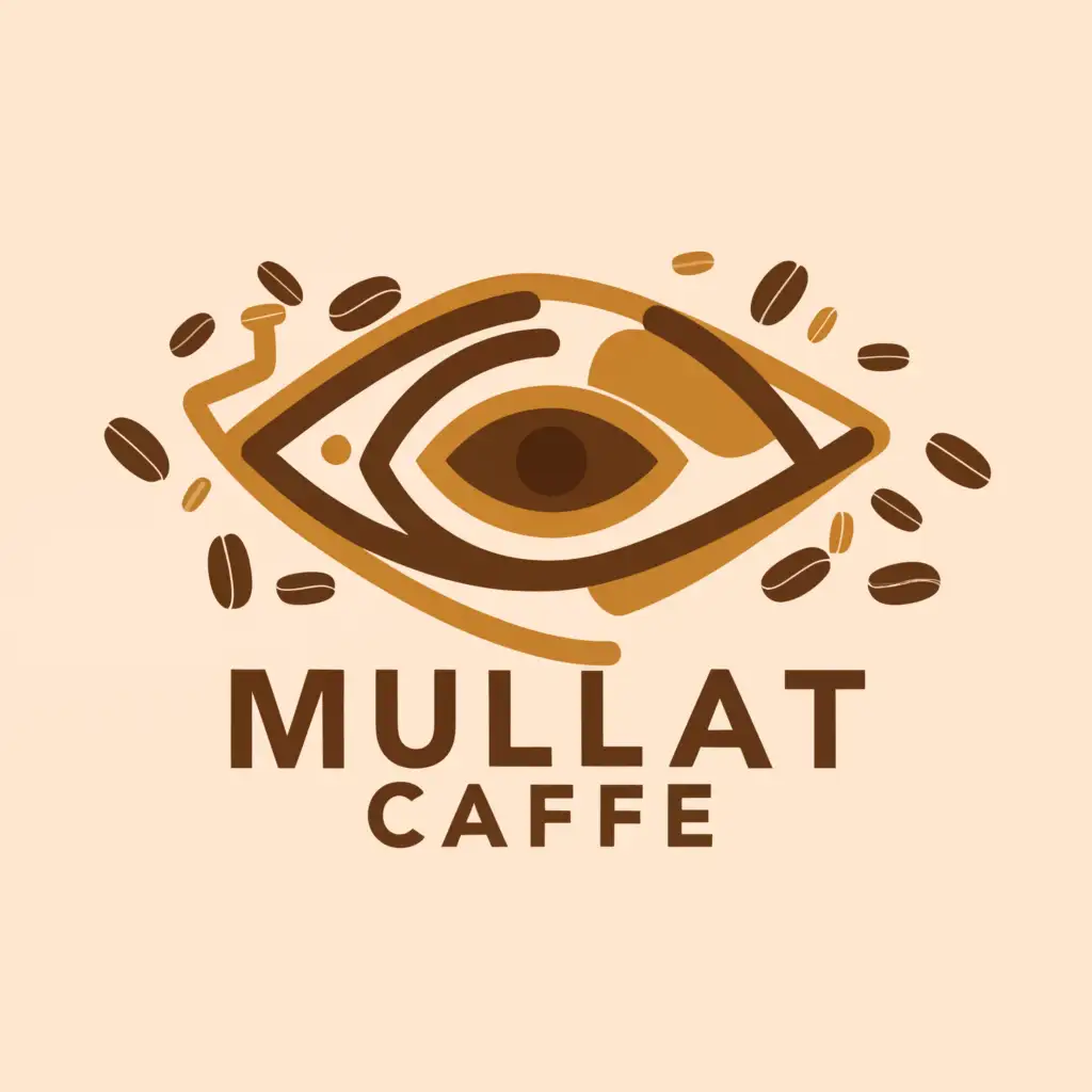 a logo design,with the text "Mulat Café", main symbol:The logo for Mulat Café could feature an abstract representation of an open eye, symbolizing awakening, enlightenment, and the act of “mulat” or opening one’s mind. The eye could be depicted with coffee beans forming the iris or eyelashes, incorporating the coffee element into the design. The overall style could be modern and minimalist, with clean lines and bold typography to reflect the café’s contemporary approach. The color palette could include warm, inviting tones such as deep browns, earthy greens, and rich golds to evoke the cozy ambiance of a café environment.,Minimalistic,be used in Restaurant industry,clear background