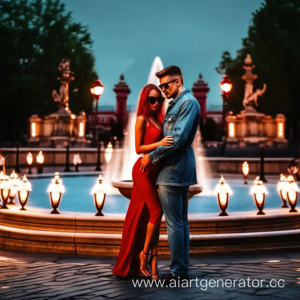 парень в джинсовом костюме обнимает девушку в красном платье и темных очках, за талию. они стоят возле фонтана  возле которого горит фонарь