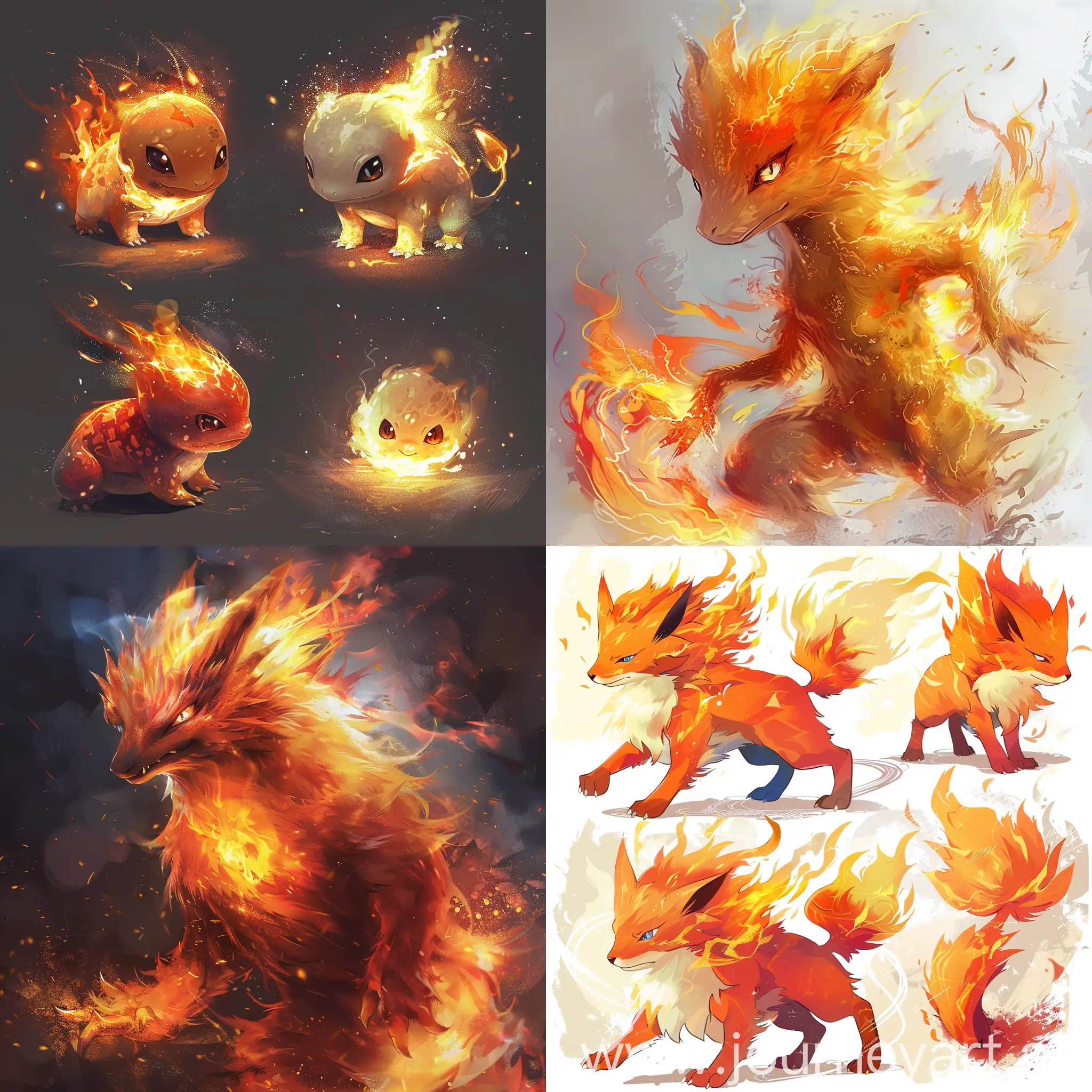 Anime style creatures similar to Pokemon, unique, one hundred, type fire.