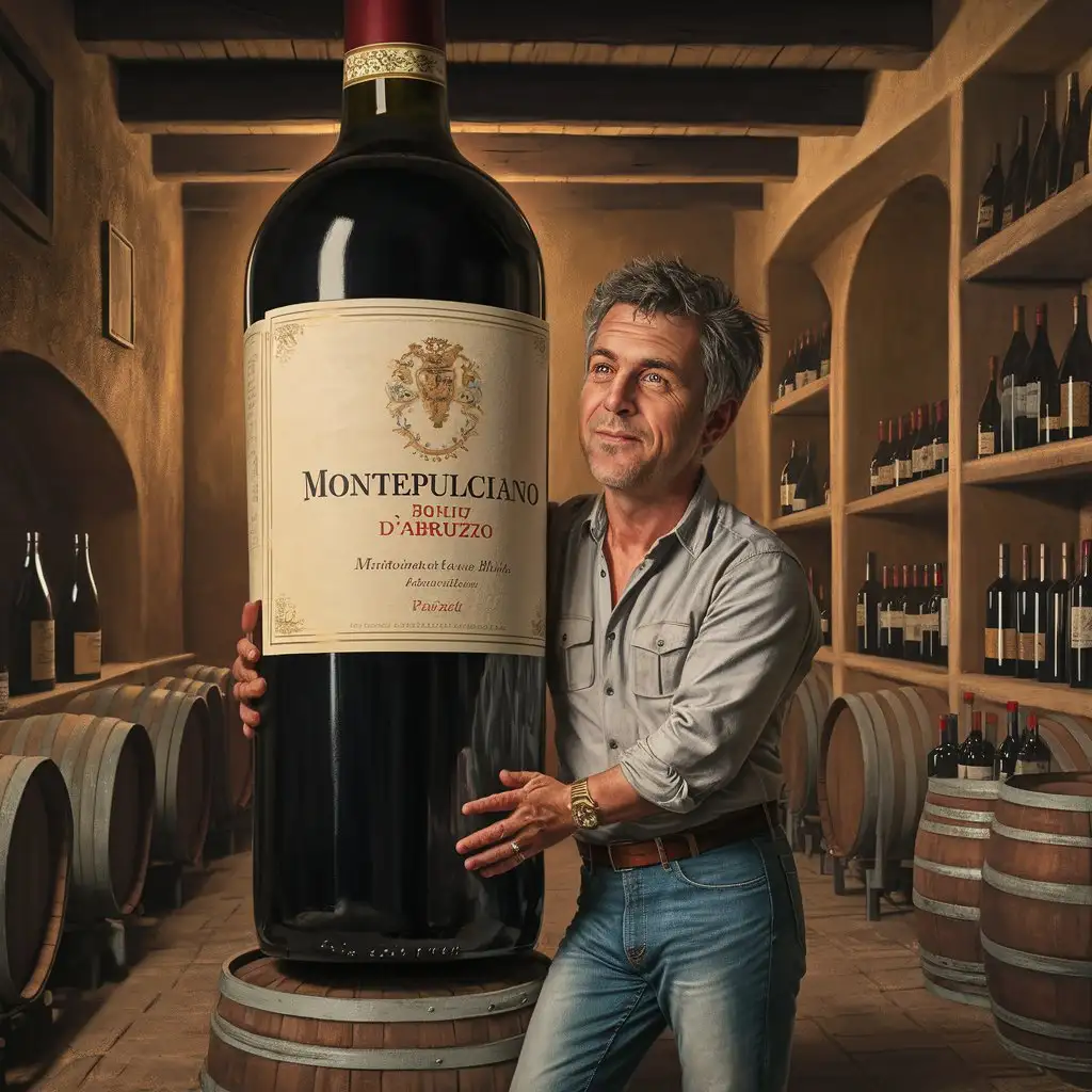 un uomdo di 40 anni italiano innamorato di una bottiglia gigante di vino "montepulciano d'abruzzo"