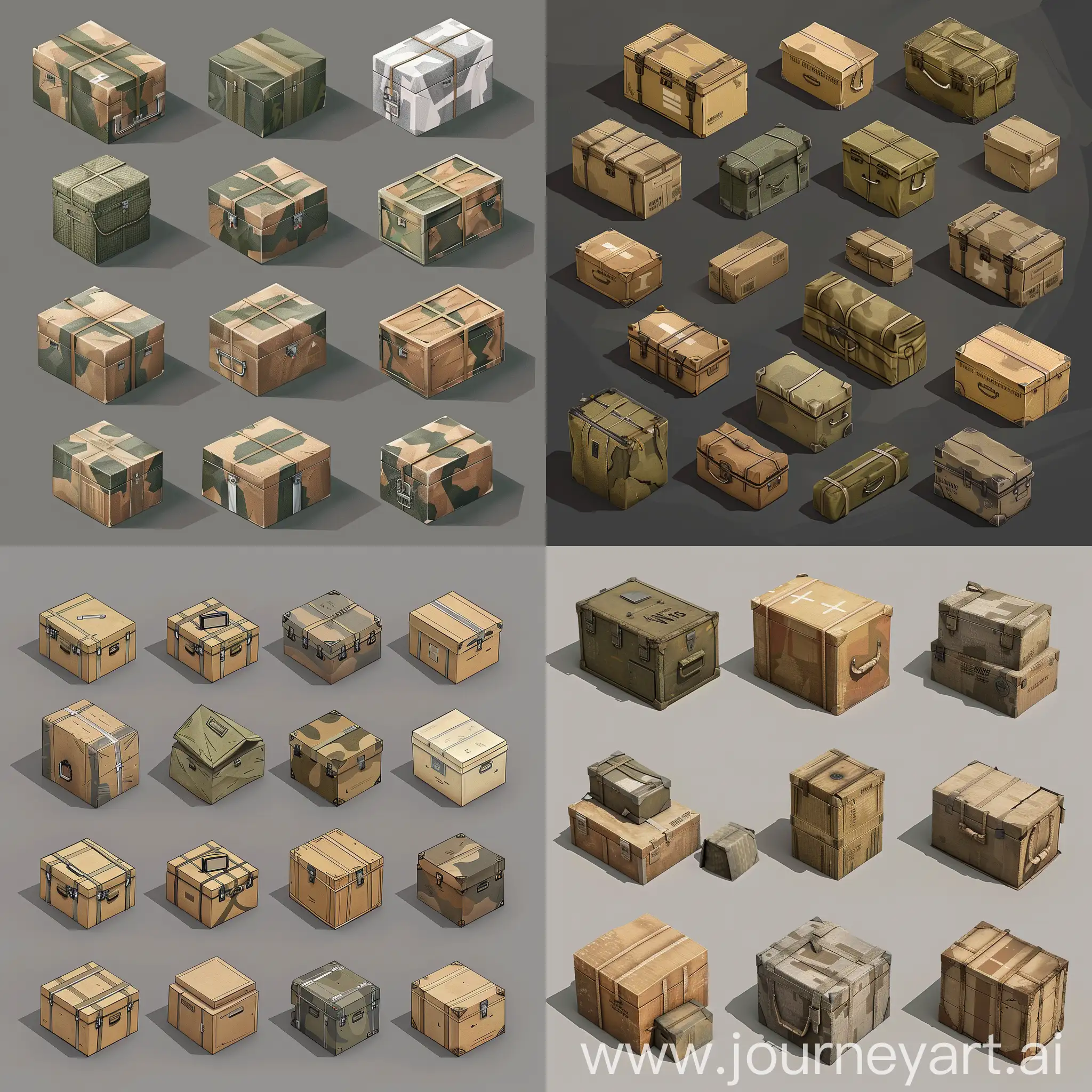realistic photo of isometric set of realistic military cardboard boxes in style of unreal engine 5 realistic 3d game asset, isometric set
