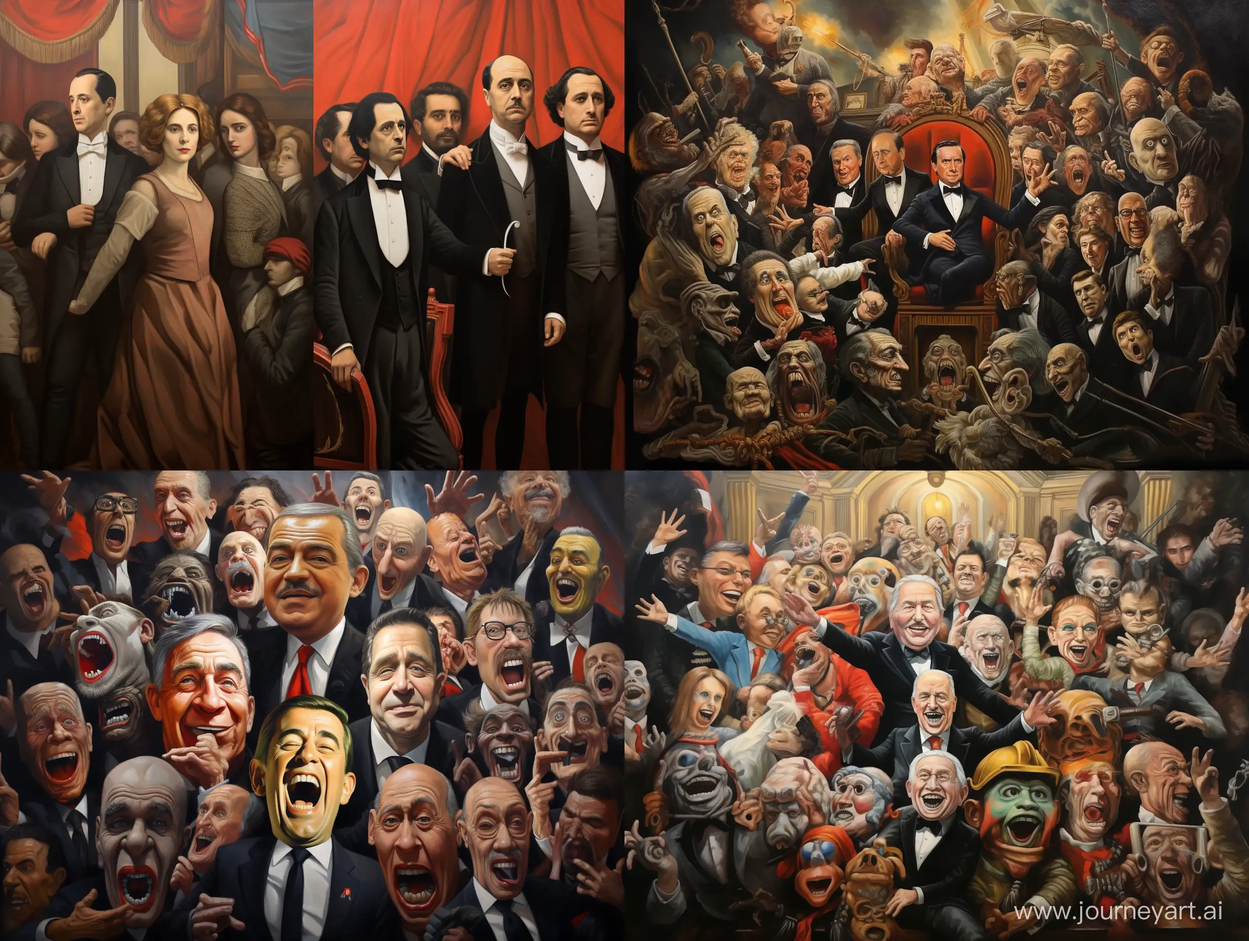 Reproduit le tableau La Scène en remplacant chaque personnage par celui d’un dirigeant politique.