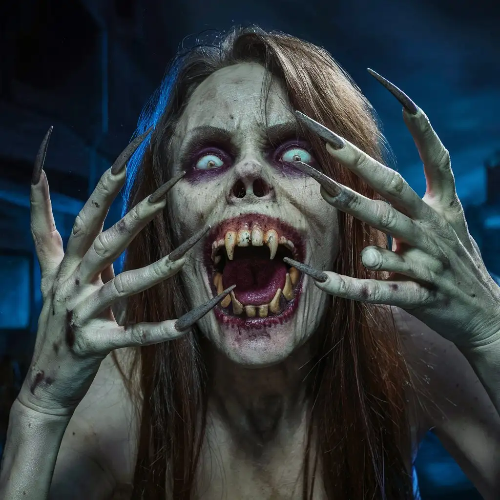 Nighttime-Zombie-Attack-Photorealistic-Female-with-Sharp-Nails-and-Fangs