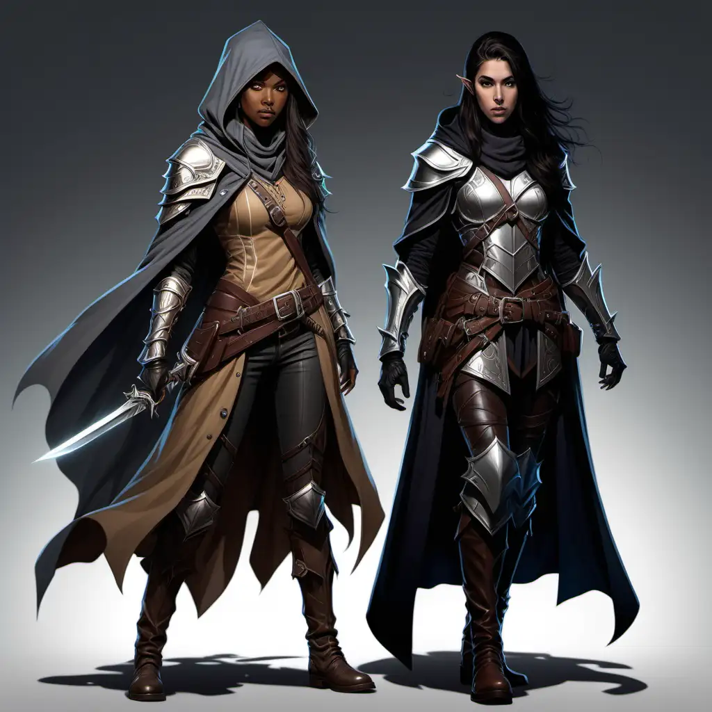 Two people photo, with person 1 a DND 5e female Half elf paladin with long brown hair, tan skin, gray eyes, long cowboy coat, scale armor, combat boots, and person 2 is short female shadow shadow genasi, long black hair, with a hooded cloak and face shield