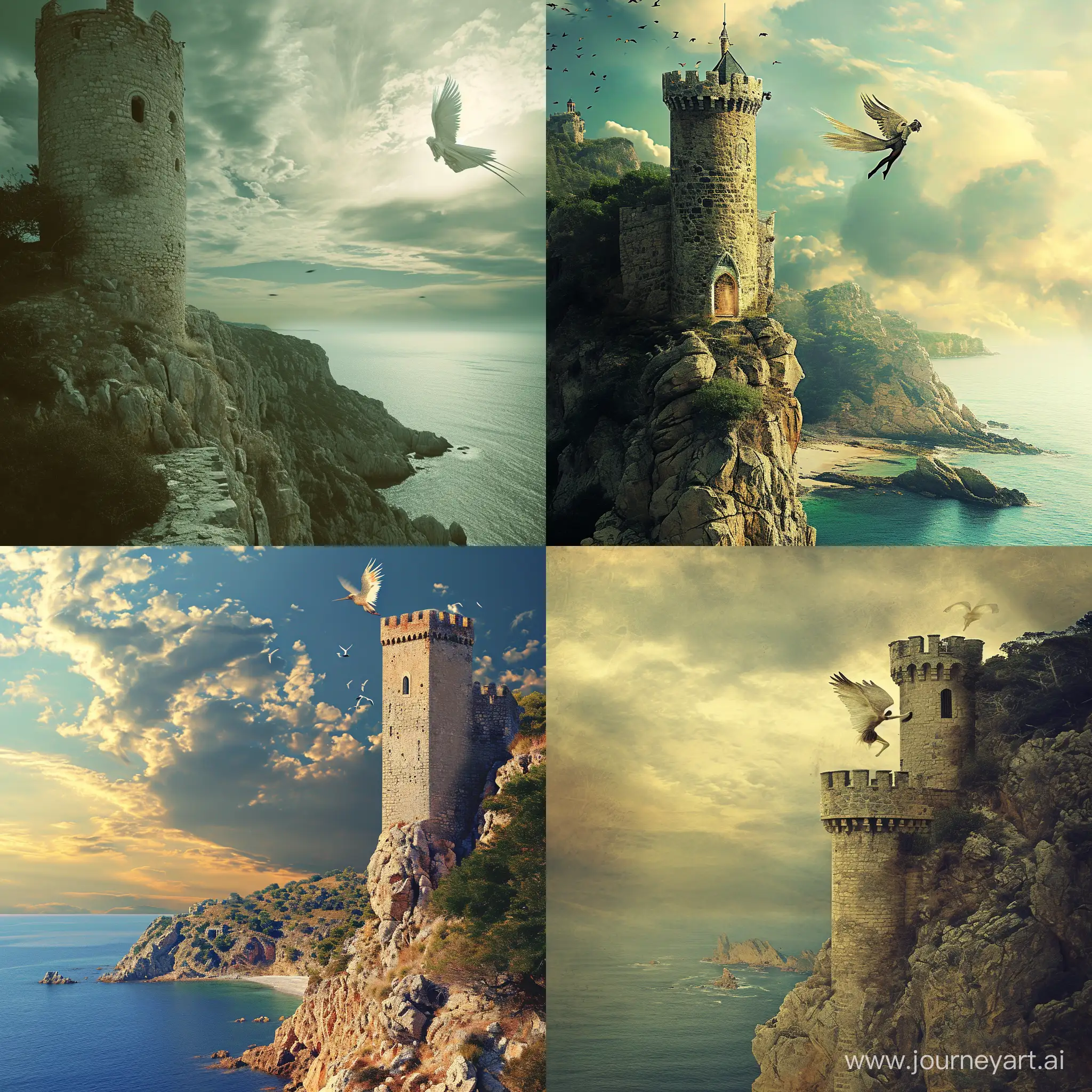 Winged-Human-Soaring-from-Castle-Tower-to-Shore-on-Hilltop
