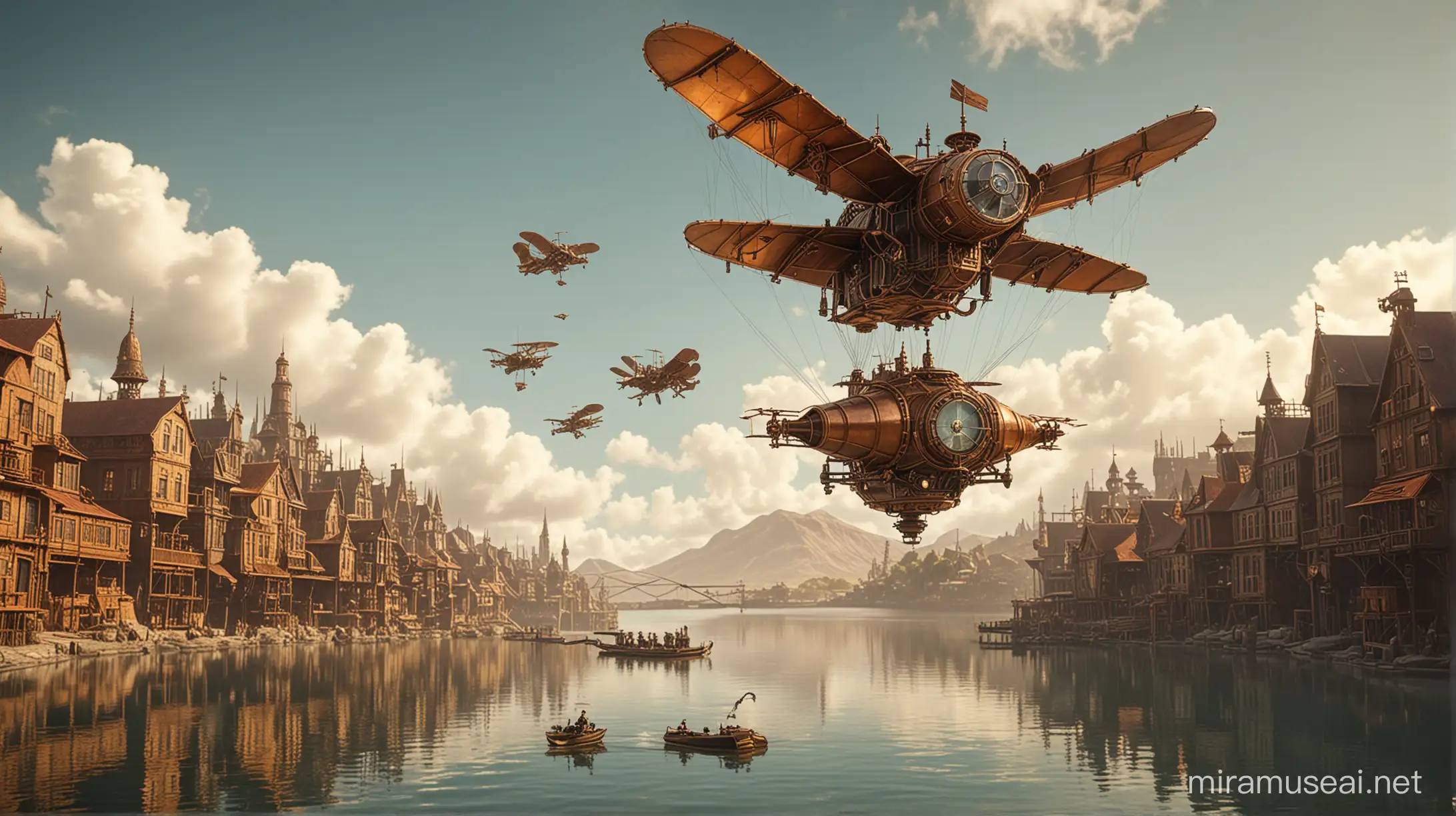 large steampunk ornitopter flies over an artificial steampunk isle on a lake. the isle is made of copper and gold.