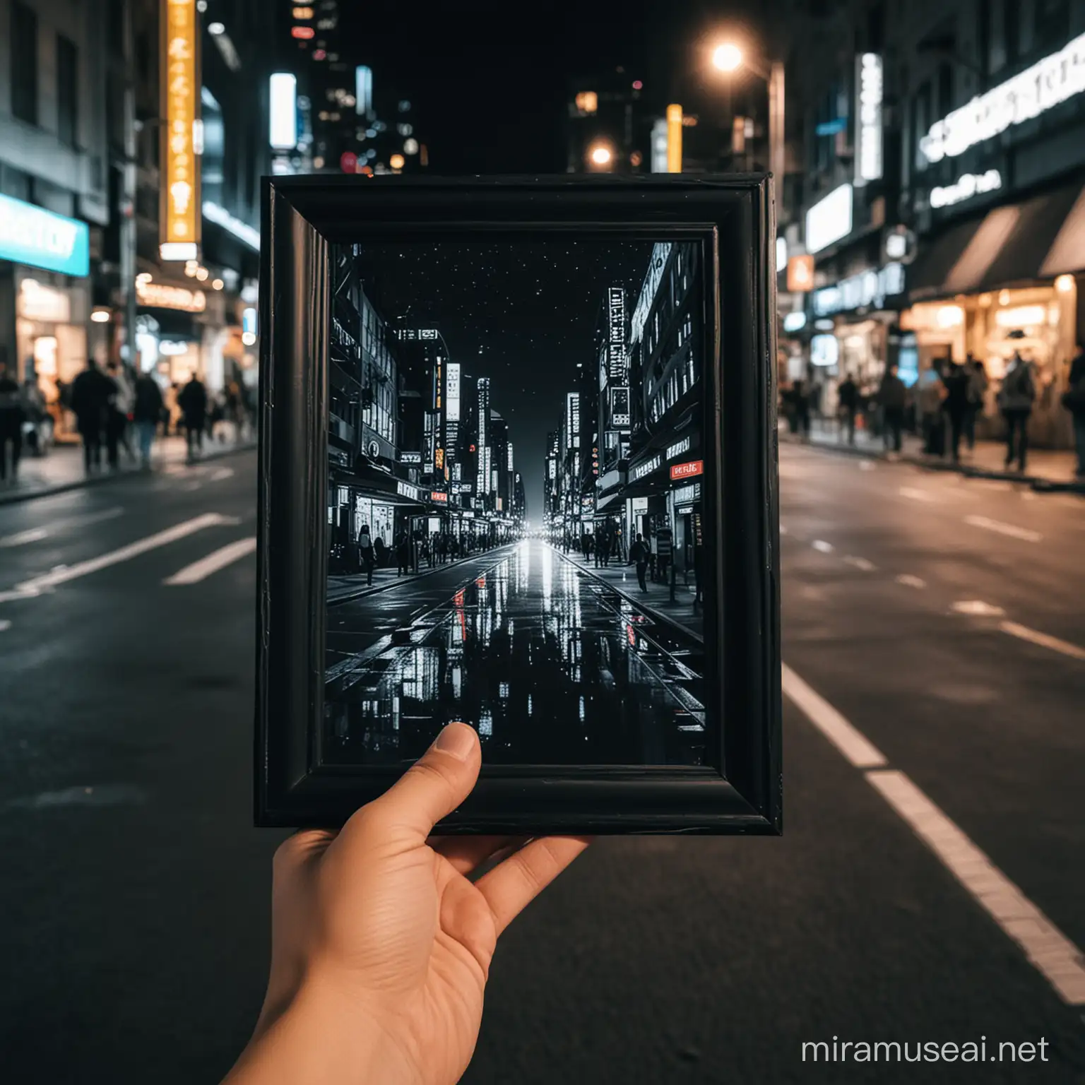 Hand holding a small  A4 size black frame during the night while walking on the street in a cyber city