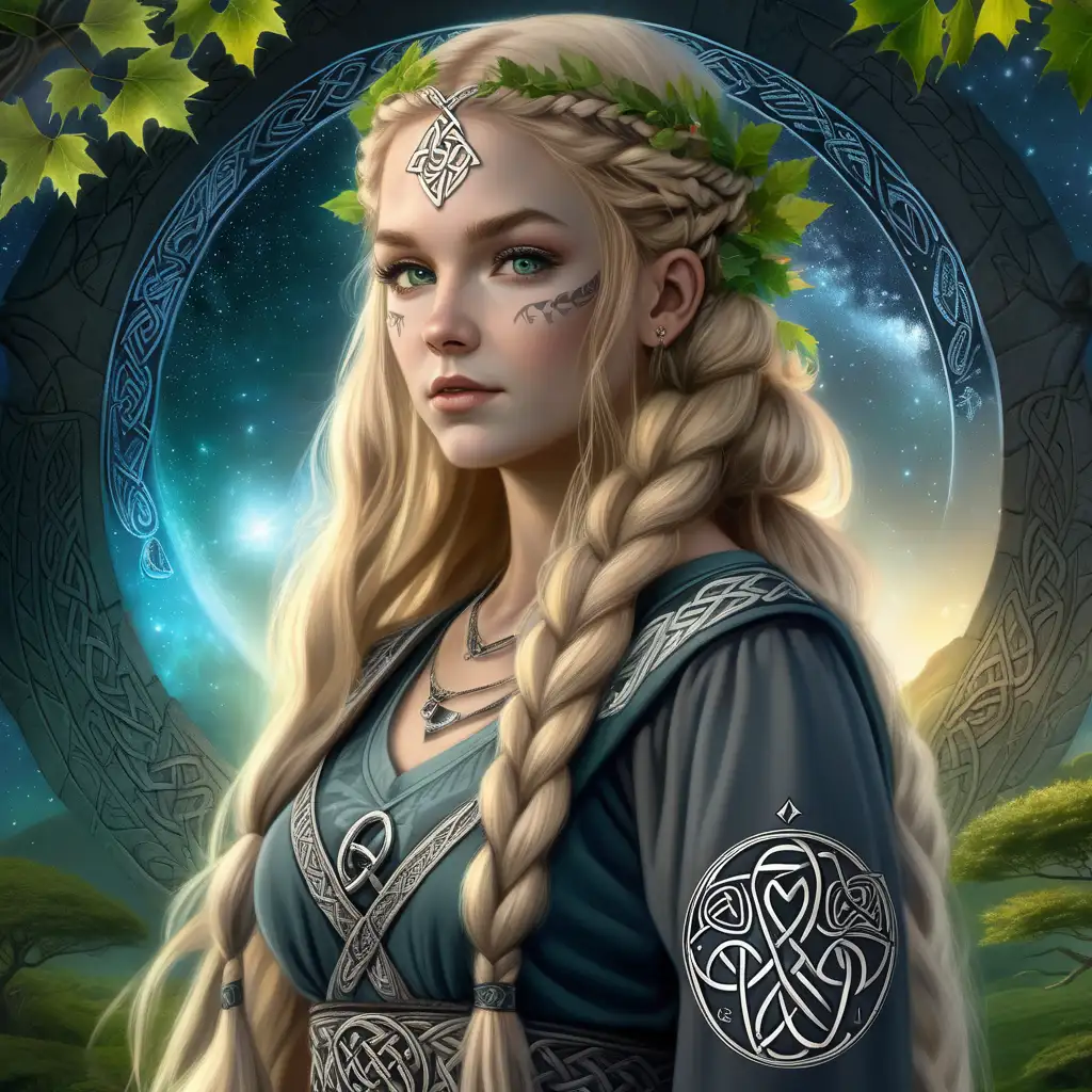 Beautiful young celtic woman with long blonde hair, she is wearing a traditional ancient celtic dress, she has ancient symbols tattooed on her body, In the middle of her forehead is a black and gray tattoo of an alder tree, her hair is braided and laced with leaves, there is a celtic zodiac in the background behind her, galaxy sky and lots of greenery around her 