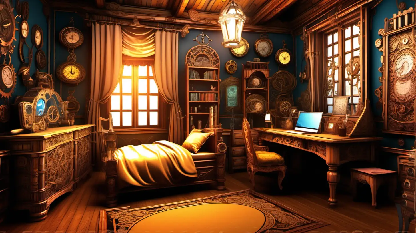 in steampunk style, ultra hd, cartoon anime, vivid colors, highly detailed, perfect composition, beautiful detailed intricate insanely detailed perfect light. a girl's  bedroom with a wooden desk, beautifully decorated with intricate carvings