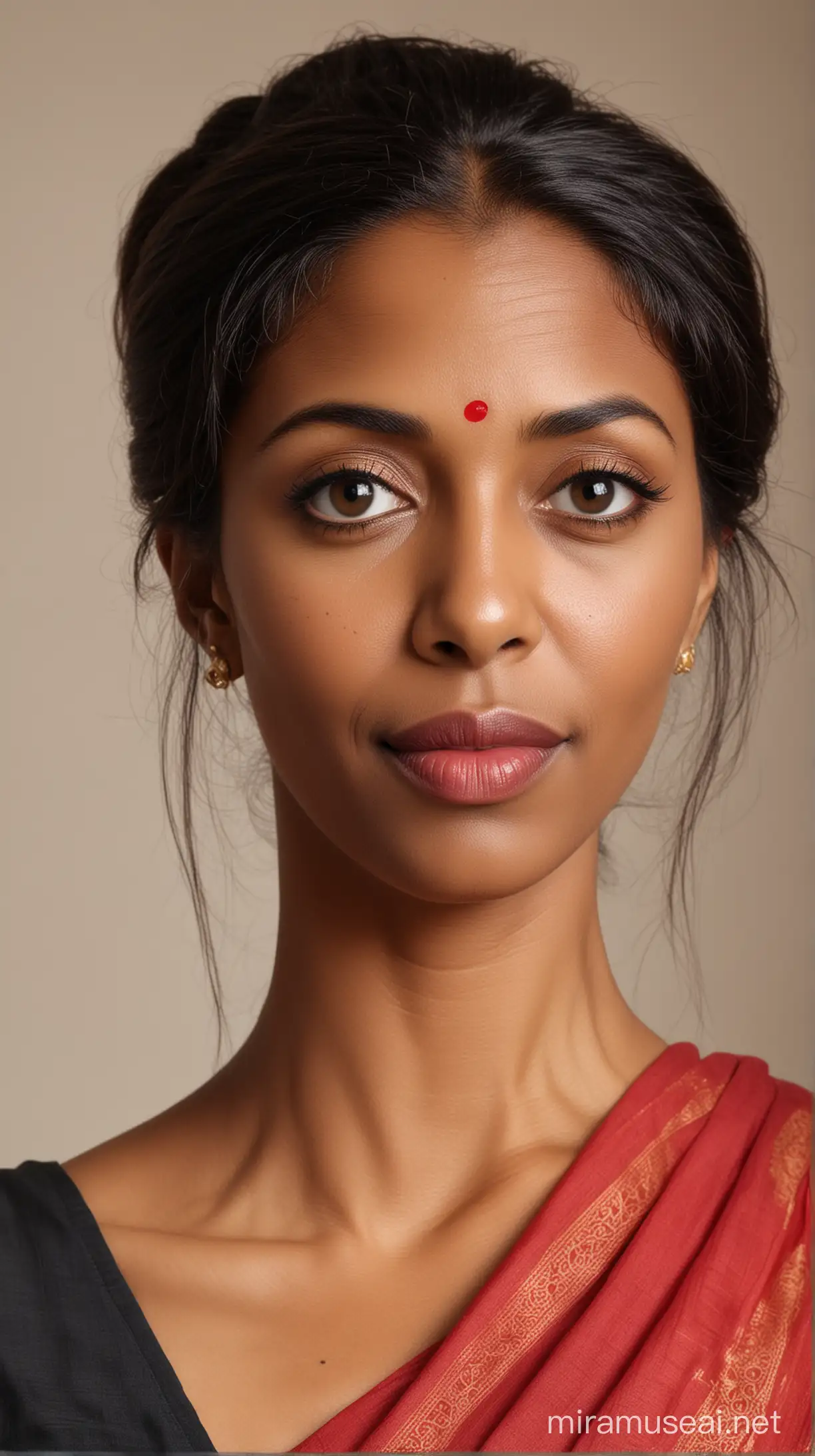 A 63 year old black skinny woman with big eyes, straight nose, small red lips sharp chin and long straight hair with a bun at back wearing a Saree 