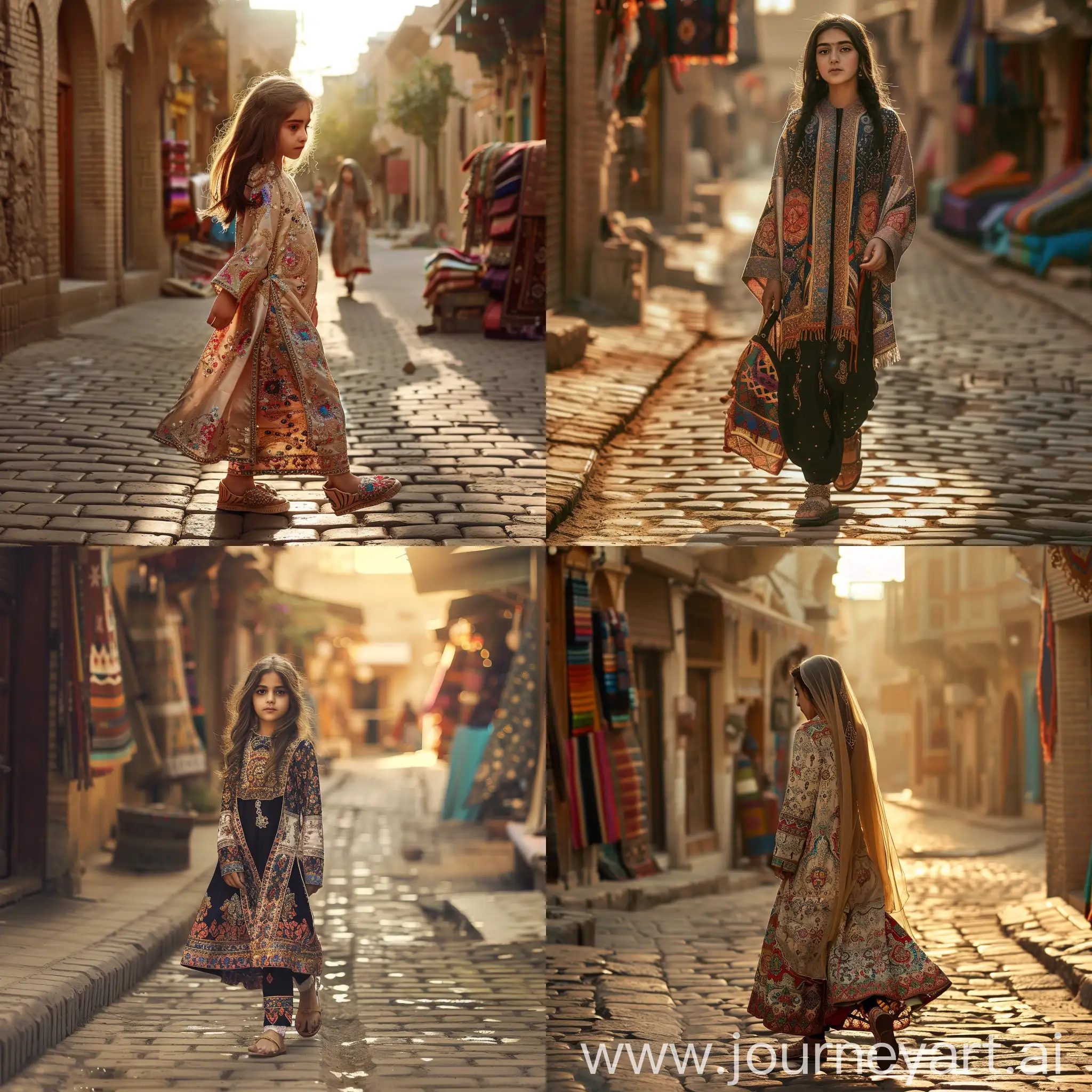 An Iranian girl immersed in the opulent ambiance of the Safavid Empire, adorned in resplendent cultural attire that embodies the rich tapestry of Persian heritage. Her garments, intricately embroidered with vibrant patterns and adorned with delicate embellishments, evoke the grandeur of Safavid aesthetics. As she walks the ancient streets, her cultural shoes echo against the cobblestones, each step a testament to the legacy of her ancestors. The bustling street teems with life, bustling bazaars, and bustling bazaars, bustling with the vibrant hues of traditional textiles and spices. The warm glow of the sun casts a golden light upon her, illuminating her surroundings with an ethereal aura. This scene, reminiscent of a bygone era, invites viewers to immerse themselves in the timeless beauty of Safavid culture captured through the lens of history. Camera Setup: Captured with a Nikon D850 DSLR, equipped with a prime lens for optimal detail and clarity. Settings: Aperture set to f/2.8 to achieve a shallow depth of field, allowing the subject to stand out against the background while retaining the essence of the bustling street. ISO adjusted to 200 to maintain image quality in natural light conditions. Lighting: Utilizing natural sunlight to enhance the richness of colors and textures, casting soft shadows that add depth and dimension to the scene. Additional fill light provided by strategically placed reflectors to ensure even illumination.