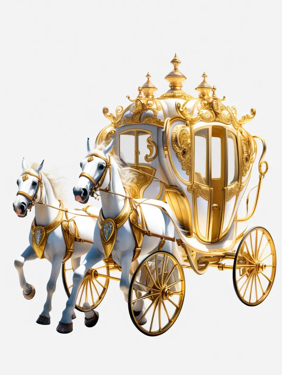 a golden carraige pulled by white horses on a transparent background