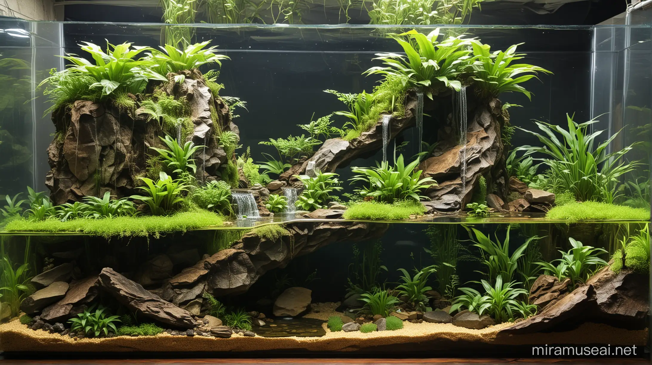 Tropical snake paludarium with one cliff waterfall, a flat land side and lake-side.