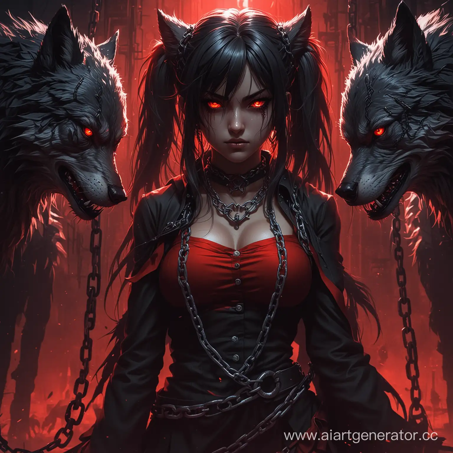 angry wolfs, chains, anime girl, dark style, red filter,, detail shadows and light, dark fantasy