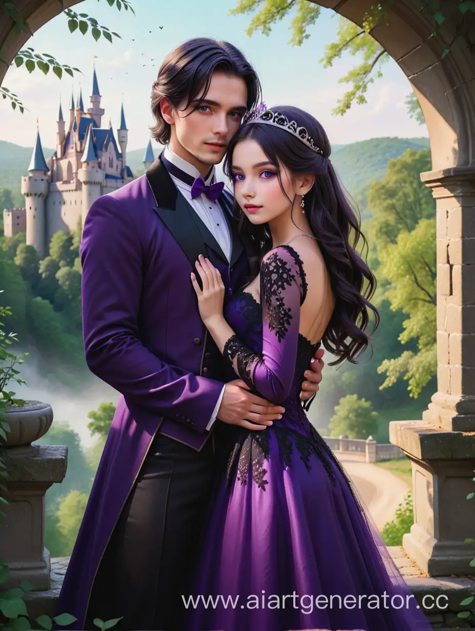 A girl with dark hair stands against the background of a castle in a forest thicket. She is wearing a dark purple dress with black lace, jewelry and a silver tiara with purple stones. A guy with silver hair and golden eyes hugs her around the waist. In a black tailcoat