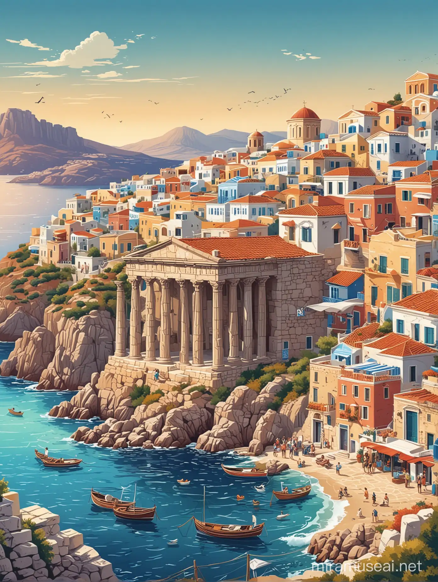 Vibrant Illustration of Greece Iconic Landmarks and Scenic Beauty