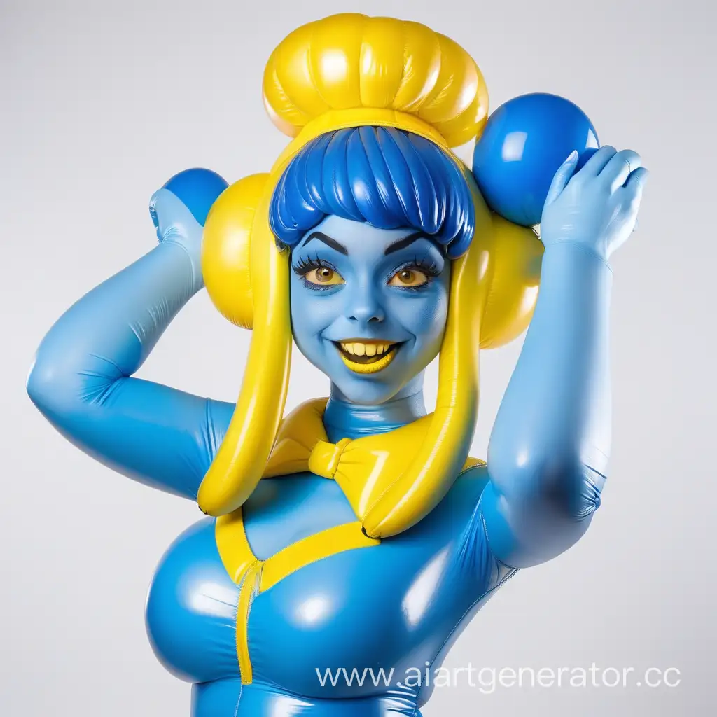 Latex-Smurfette-Girl-with-Inflatable-Blue-Skin-and-Yellow-Hair