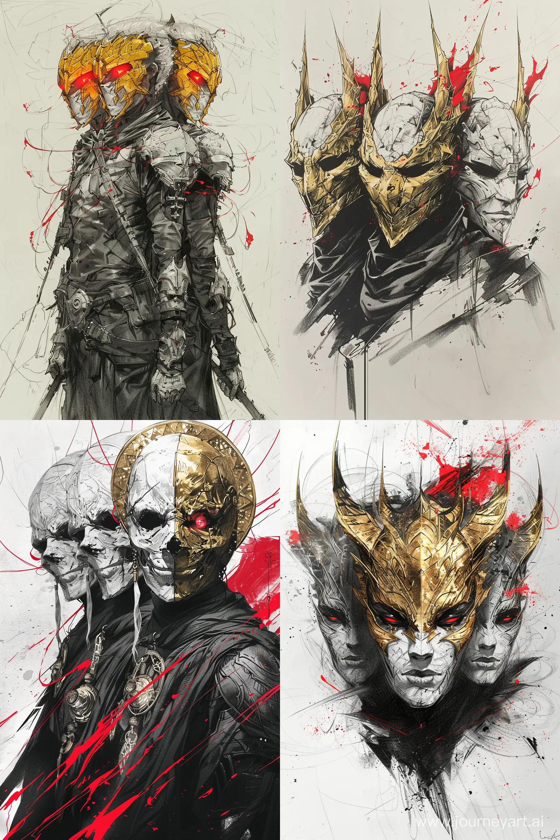 four faced golden mask, sketch, pencil, black and white, red accents, dark fantasy, in style of darkest dungeon, frazetta, frank miller, full body, character design --ar 2:3 --stylize 250 --v 6