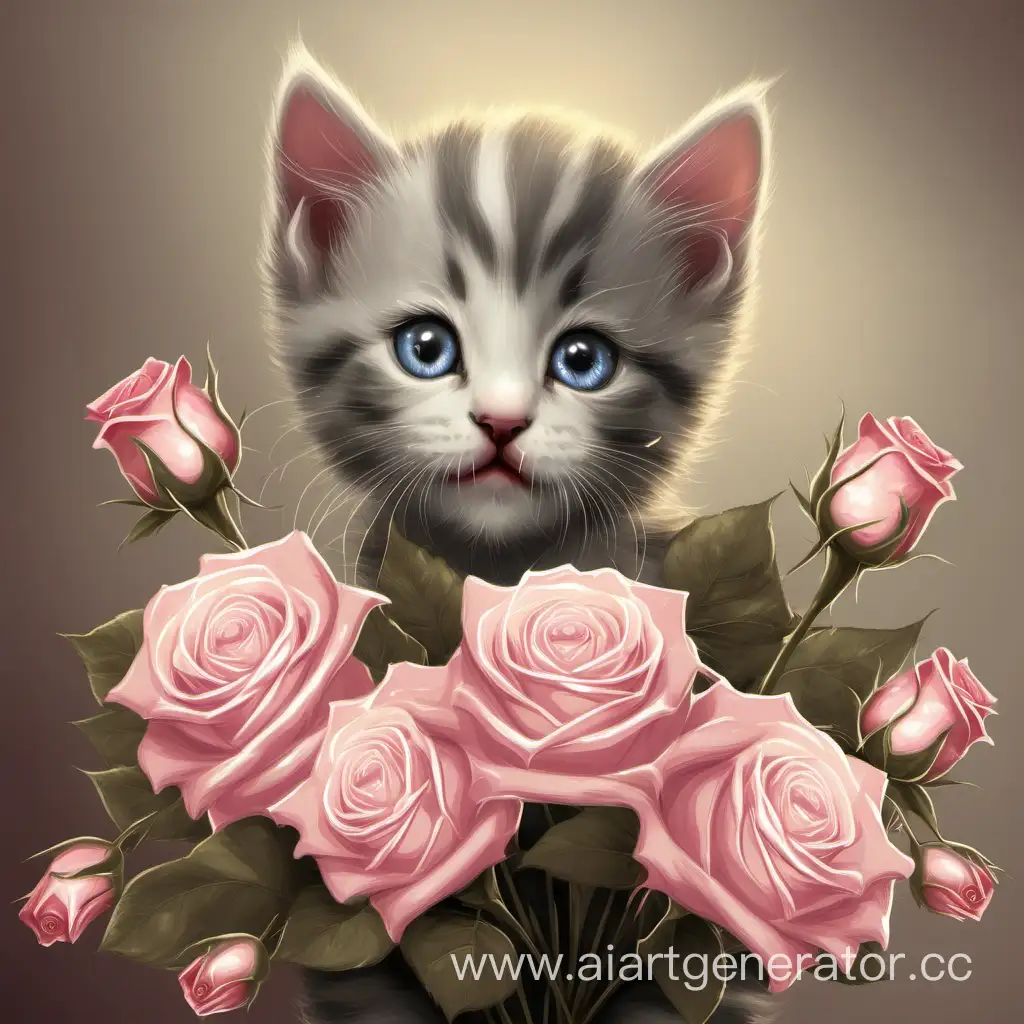 котенок держит букет роз