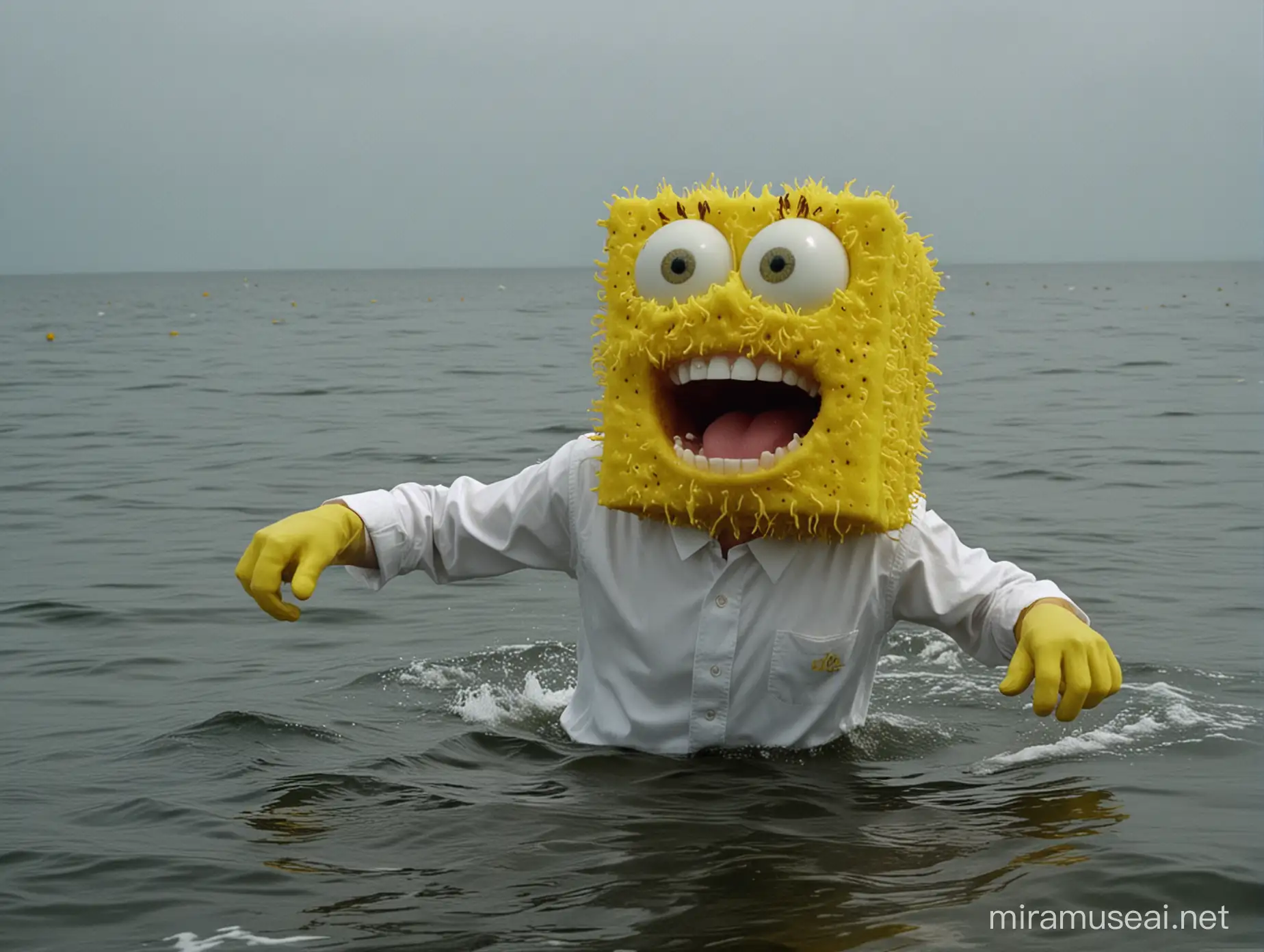 2000s horror movie, dvd screengrab of a yellow sponge with yellow eyes, yellow arms, open mouth with white sharp teeths, white shirt, brown pants, in the ocean