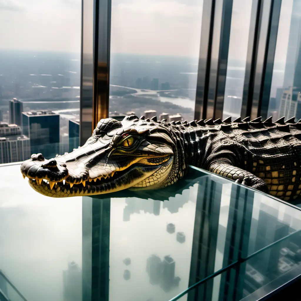 Urban Alligator Rides High in Glass Elevator Over Manhattan Skyline