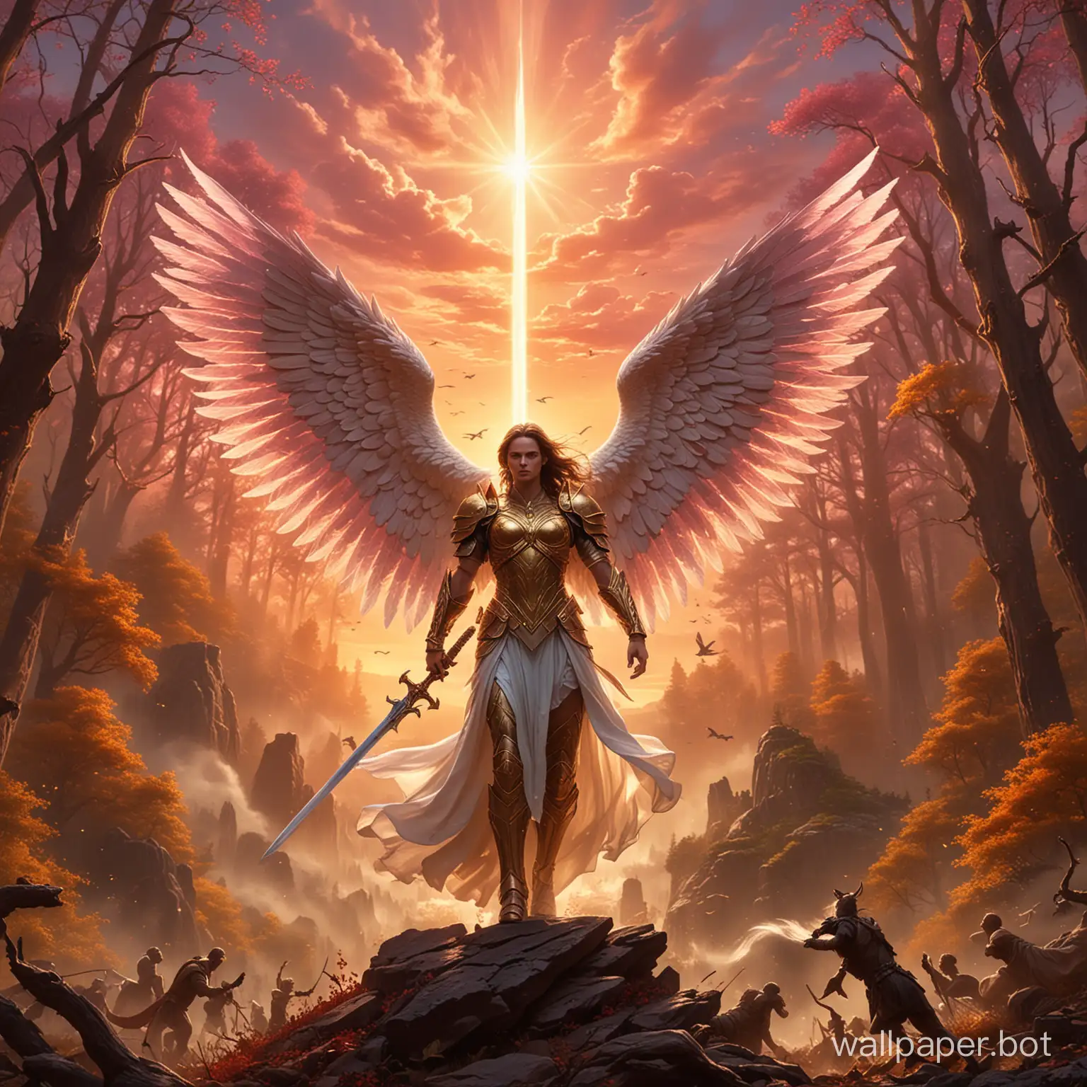 In the last light of a glowing sunset, an epic battle unfolds in the fantastic landscape. On a mountaintop, surrounded by a wonderful forest of colorful trees and mysterious creatures, stand an angel and a demon, locked in an intense battle.

The angel shines in the fading light, clad in armor of brilliant gold and white silk, with wings that bear the mark of divine power. Her sword glitters like stars in the twilight, and her eyes burn with a passion for justice and protection.

The demon, on the other hand, is a terrifying creature, with its body covered in towering scales and eyes blazing with malice. His claws cut through the air with menacing intensity, but despite his strength, he is overwhelmed by the angel's divine power.

Between the two warriors, the energy of the fight flows like a wild, dancing light. The wind howls and whips with force, as the earth shakes under the weight of their struggle. Around them you see fantastic creatures watching, some with horror, others with admiration.

On the horizon, the sunset paints the sky with a kaleidoscope of colors, as if nature itself is witnessing this decisive moment. The gold and pink tones that paint the sky cast a glowing shimmer over the scene, as if blessing the angel's victory and paving the way for peace and harmony in the wonderful landscape.