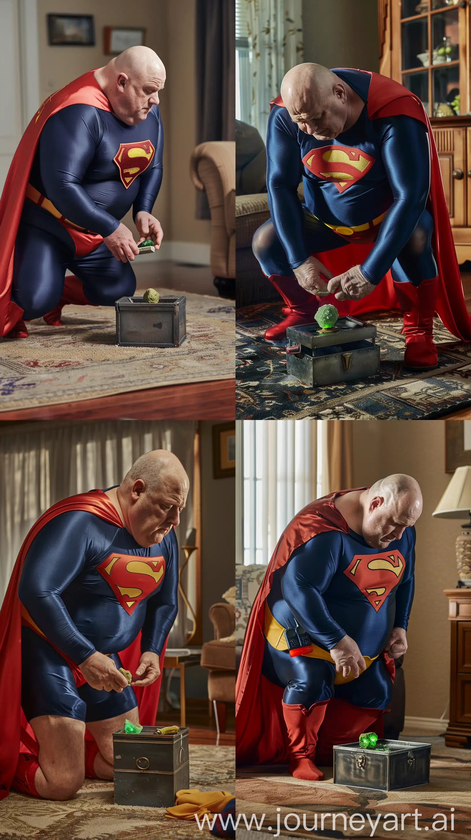 Front close-up photo of a fat man aged 60 wearing silk navy blue complete superman tight uniform with a large red cape, red trunks, yellow belt, red boots. Falling on his knees on the ground and opening a small green glowing rock in a small opened metal box. Inside a living room. Bald. Clean Shaven. Natural light. --ar 9:16