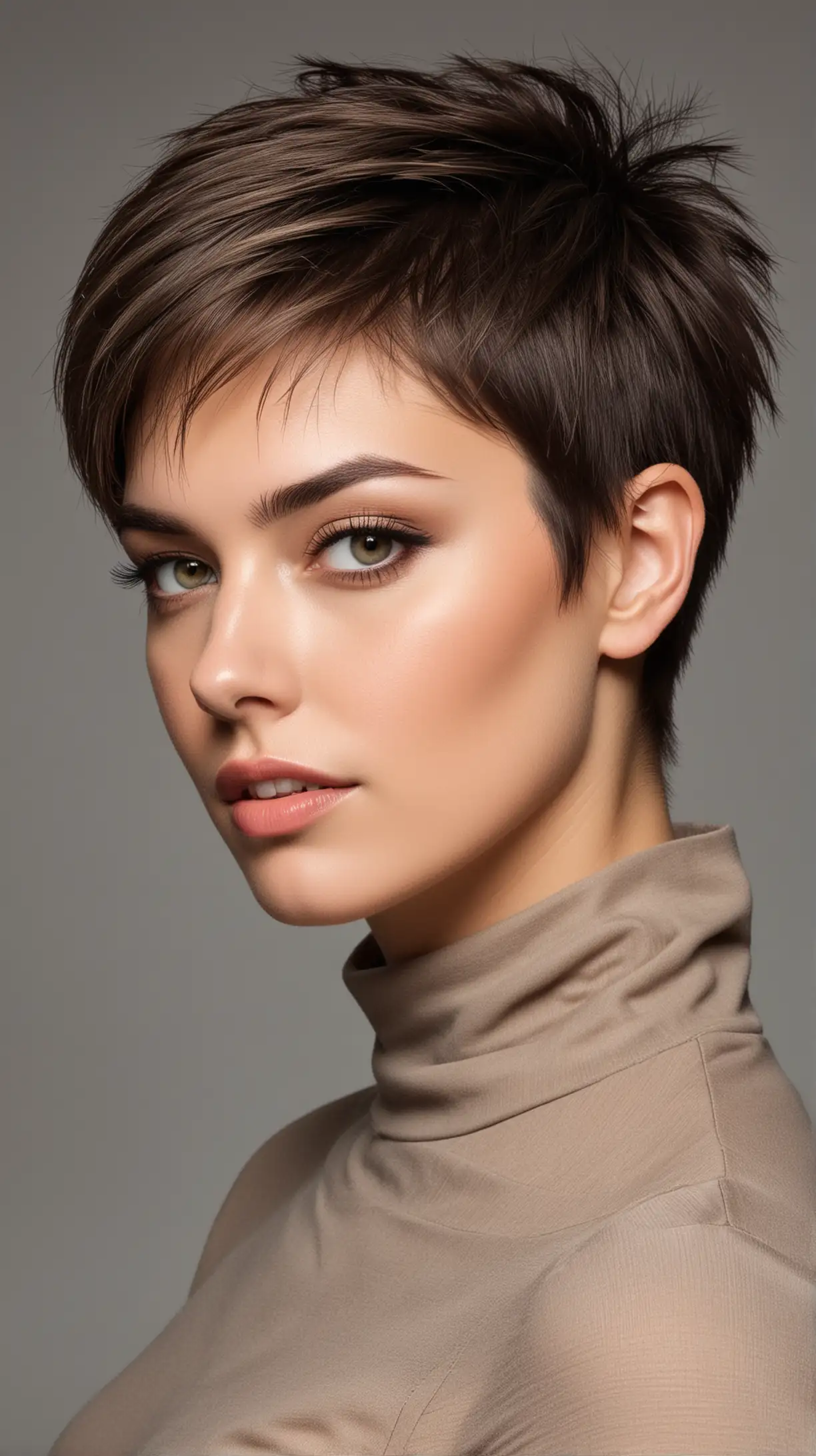 Beautiful girl model, haircut - Styling Wolf Cut - from sleek back looks to wild, clean face, age 30