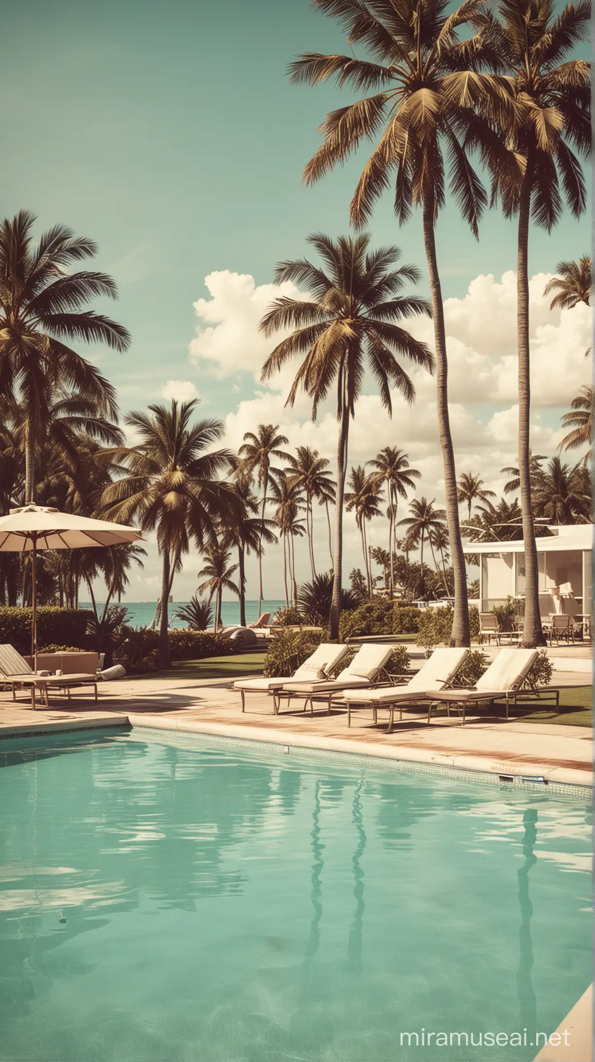 Create an image in retro style which looks like a photograph from the 80s, taken in Miami, with palm trees, swimming pool cocktails and a pool party setting. Maybe add a surfboard. And a faded ink iffect of retro photographs