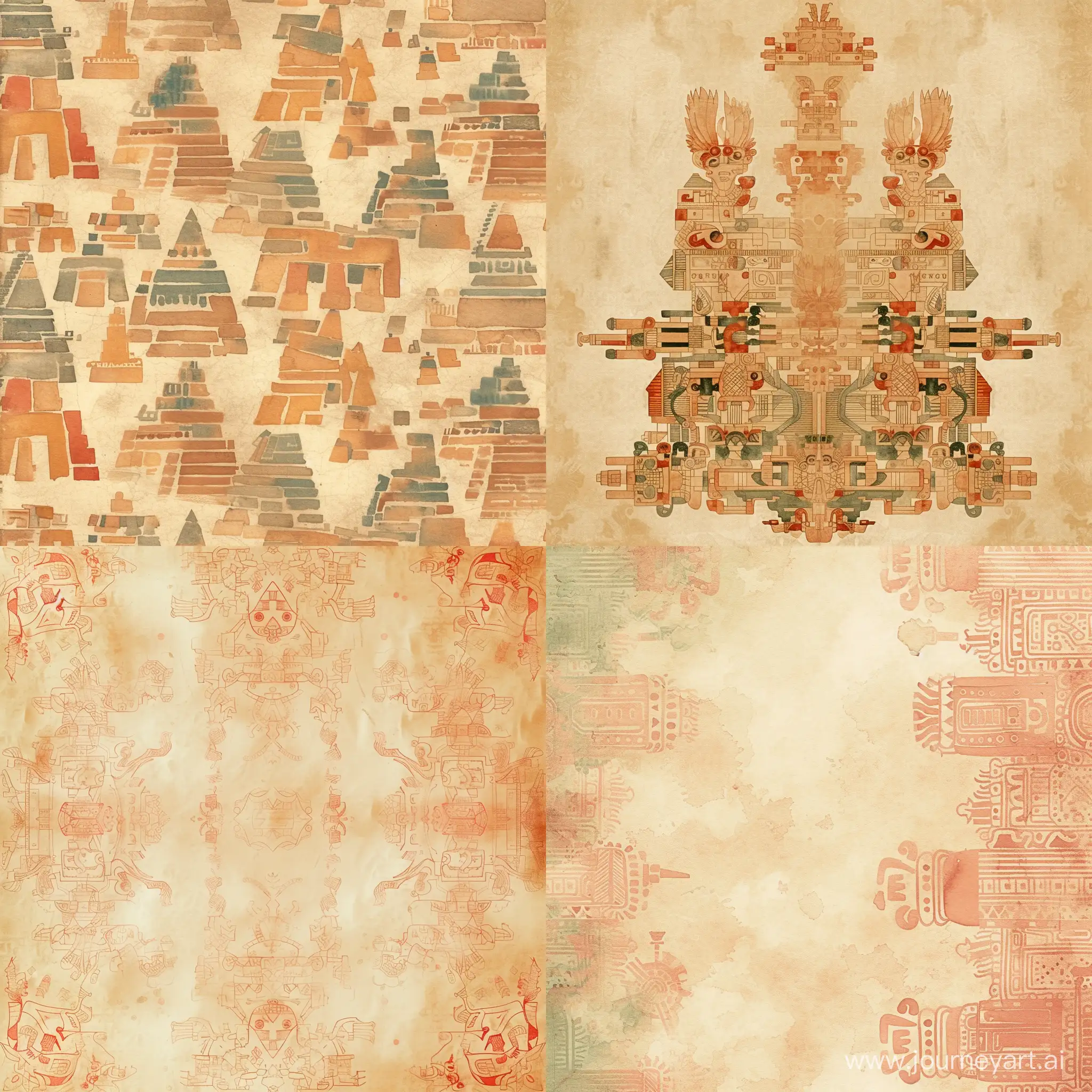 Symmetrical texture of antique paper, barely noticeable elements of ancient Aztec cities, stylized caricature, watercolor, decorative, light colors, flat drawing