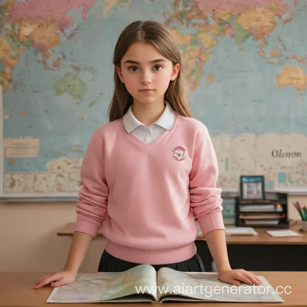 Тринадцатилетняя Оля Буджерак с широкими бедрами стоит перед партой, одна рука лежит на карте, другая на груди. Она одета в школьную форму белый верх черный низ, и одета в розовую маленькую кофту